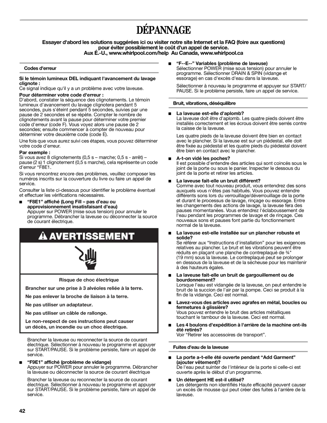 Amana W10252719A installation instructions Dépannage 