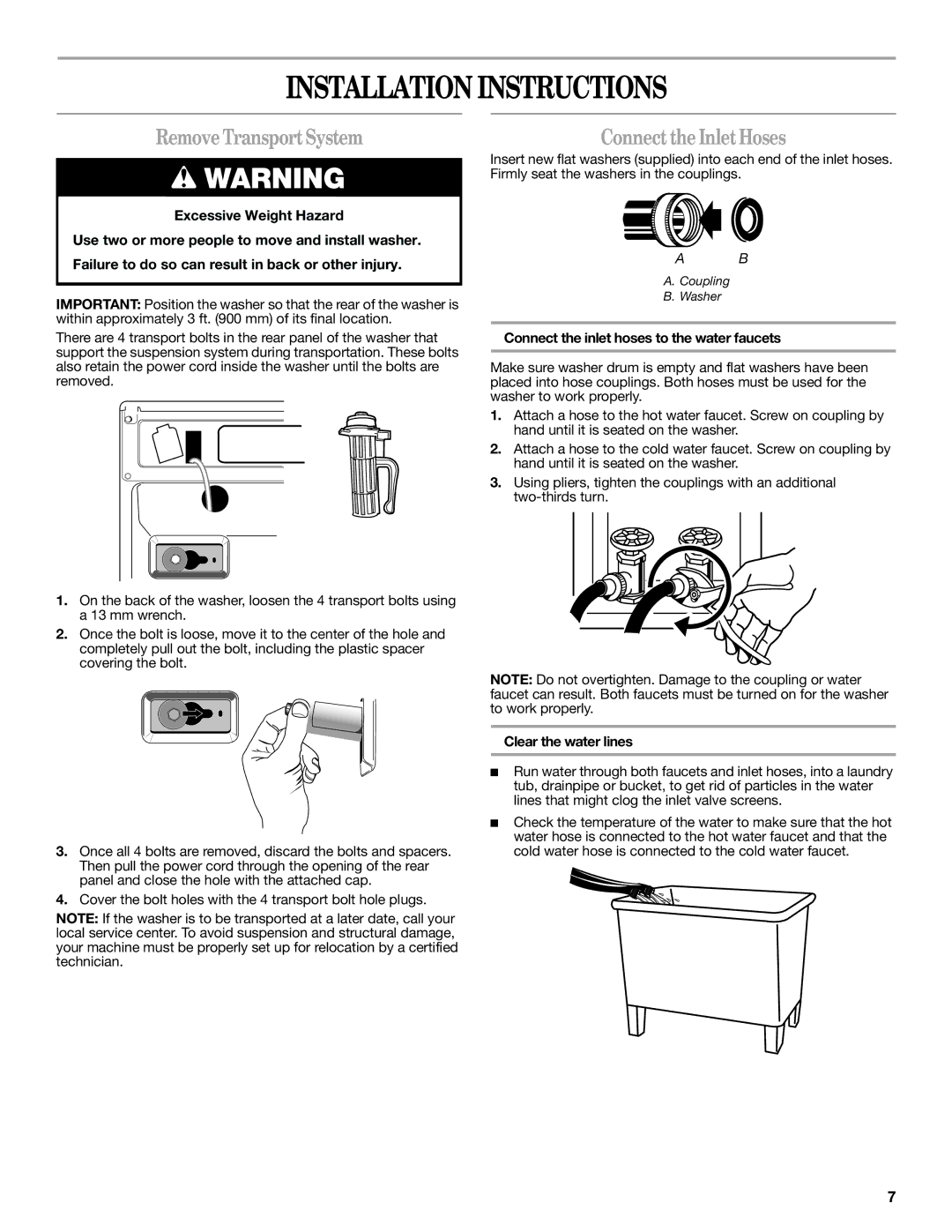 Amana W10252719A Installation Instructions, Remove Transport System, Connect the Inlet Hoses, Clear the water lines 