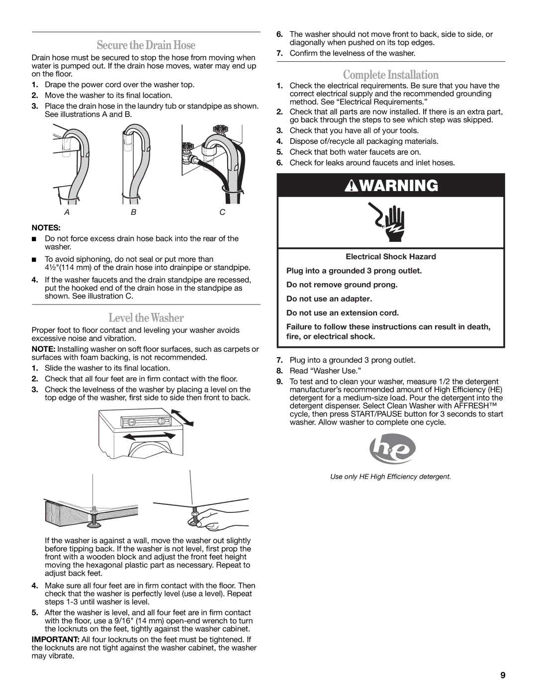 Amana W10252719A installation instructions Secure the Drain Hose, Level the Washer, Complete Installation 