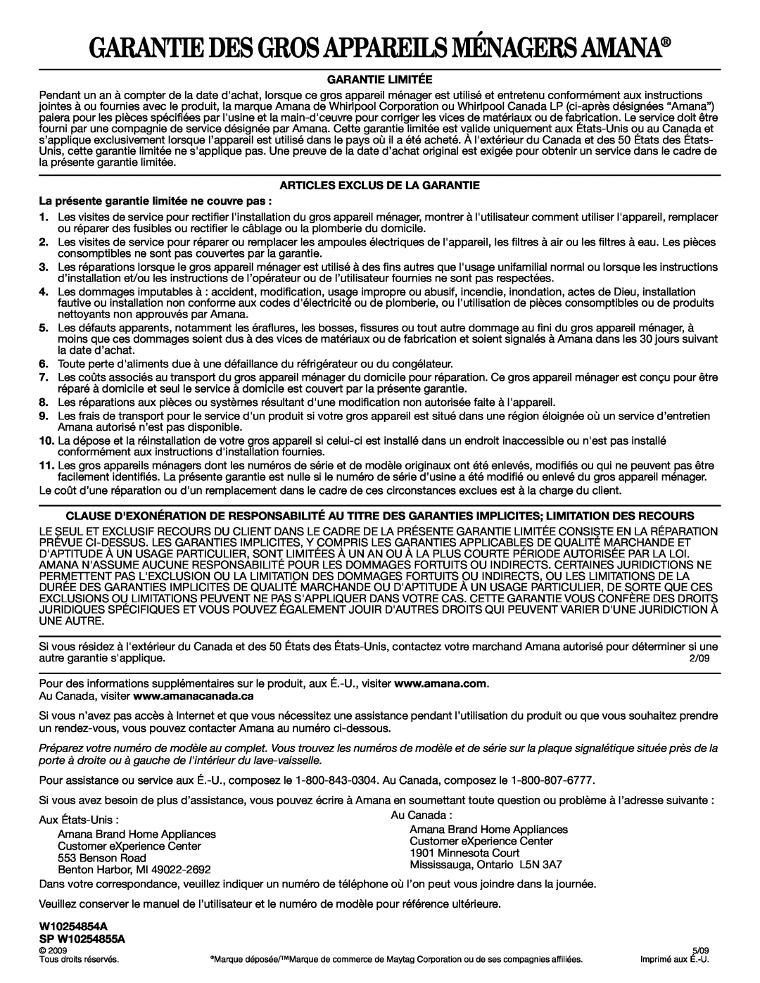 Amana W10254854A warranty Garantie Des Gros Appareils Ménagers Amana, Garantie Limitée, Articles Exclus De La Garantie 