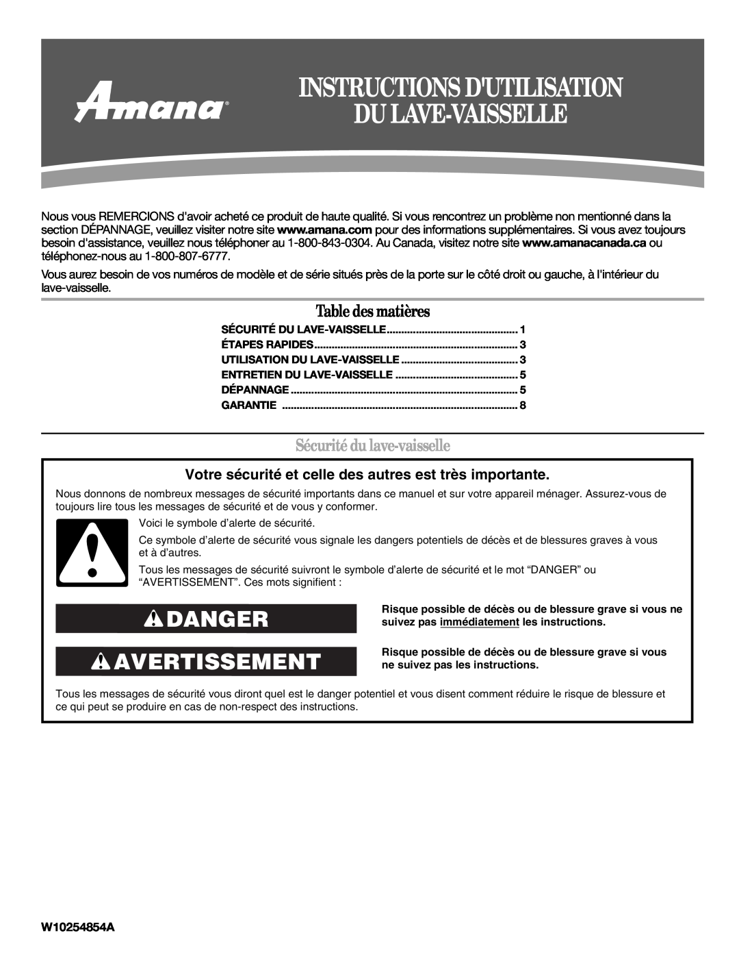 Amana W10254854A warranty Instructions Dutilisation Dulave-Vaisselle, Danger Avertissement, Table des matières 
