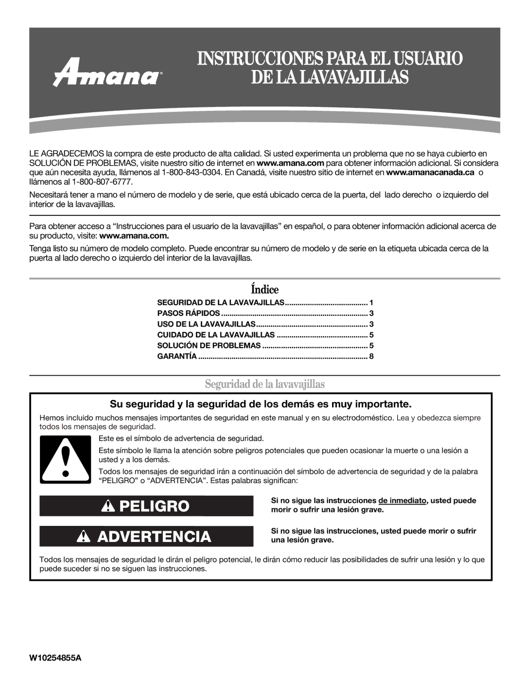 Amana W10254855A manual Seguridad de la lavavajillas 