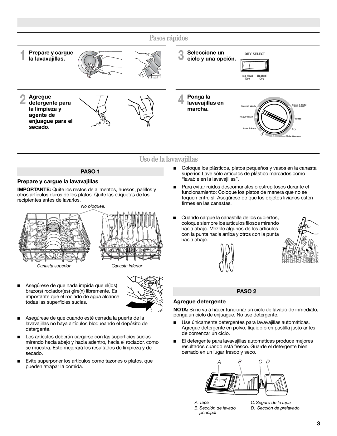 Amana W10254855A manual Pasos rápidos, Uso de la lavavajillas 