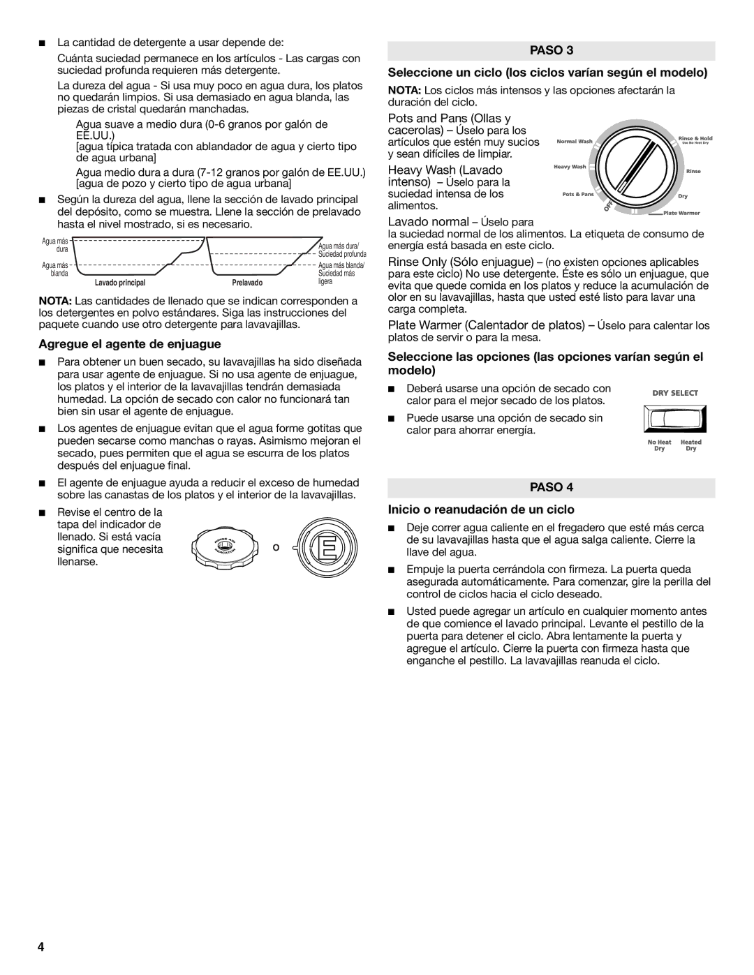 Amana W10254855A manual Agregue el agente de enjuague, Seleccione un ciclo los ciclos varían según el modelo 