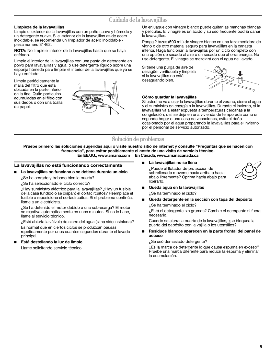 Amana W10254855A Cuidado de la lavavajillas, Solución de problemas, La lavavajillas no está funcionando correctamente 