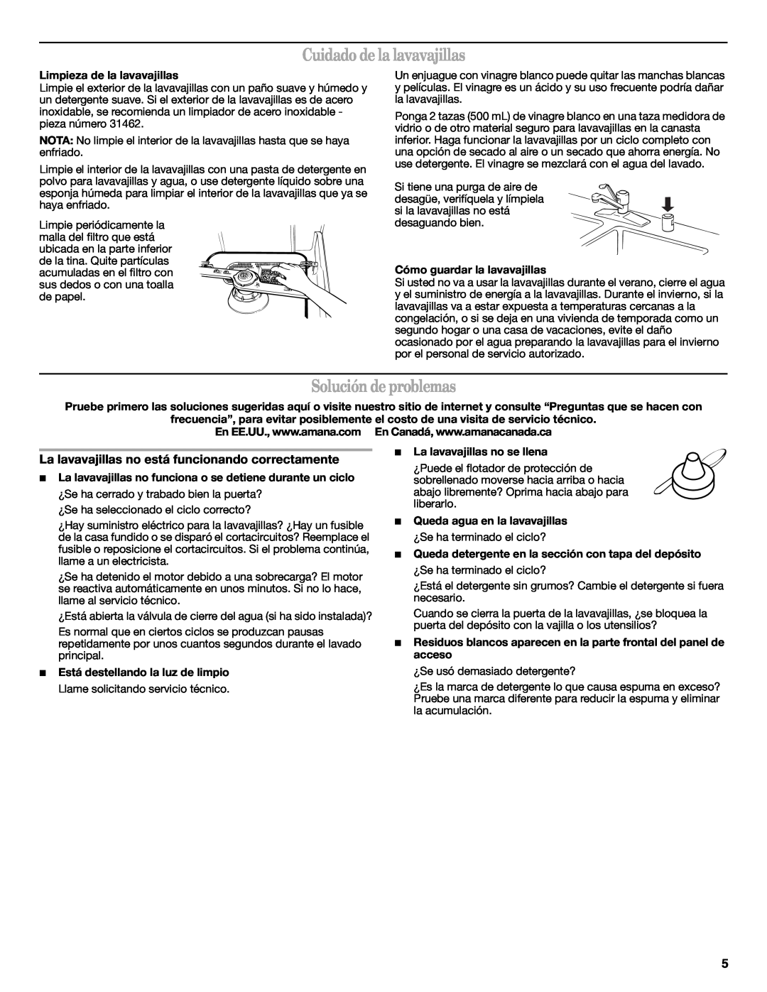 Amana W10254855A manual Cuidado de la lavavajillas, Solución de problemas, Limpieza de la lavavajillas 