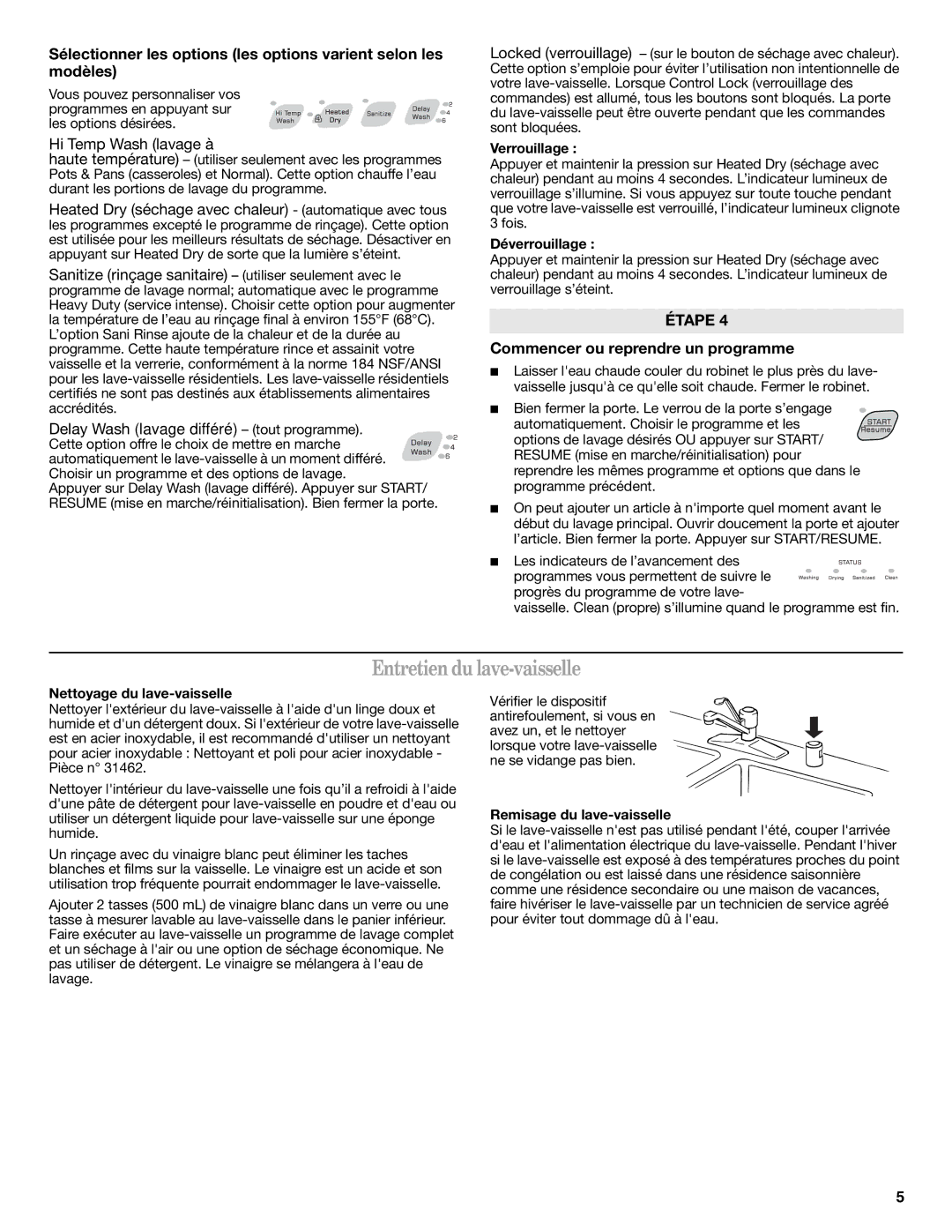 Amana W10261419A, W10261418A warranty Entretien du lave-vaisselle, Commencer ou reprendre un programme 