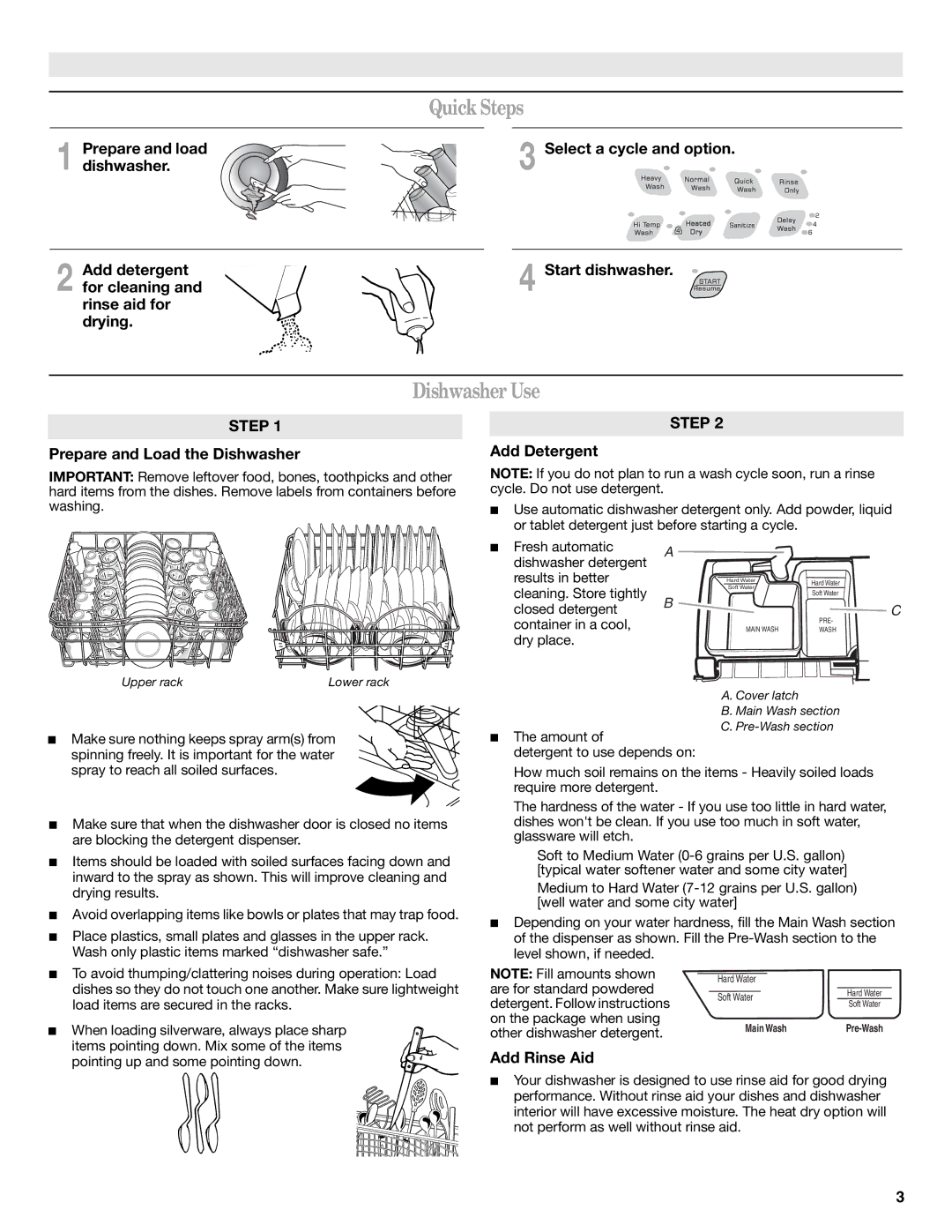 Amana W10261419A, W10261418A Quick Steps, Dishwasher Use, Prepare and load, Prepare and Load the Dishwasher, Add Rinse Aid 