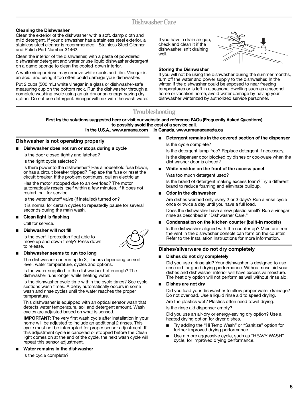 Amana W10261419A, W10261418A warranty Dishwasher Care, Troubleshooting, Dishwasher is not operating properly 