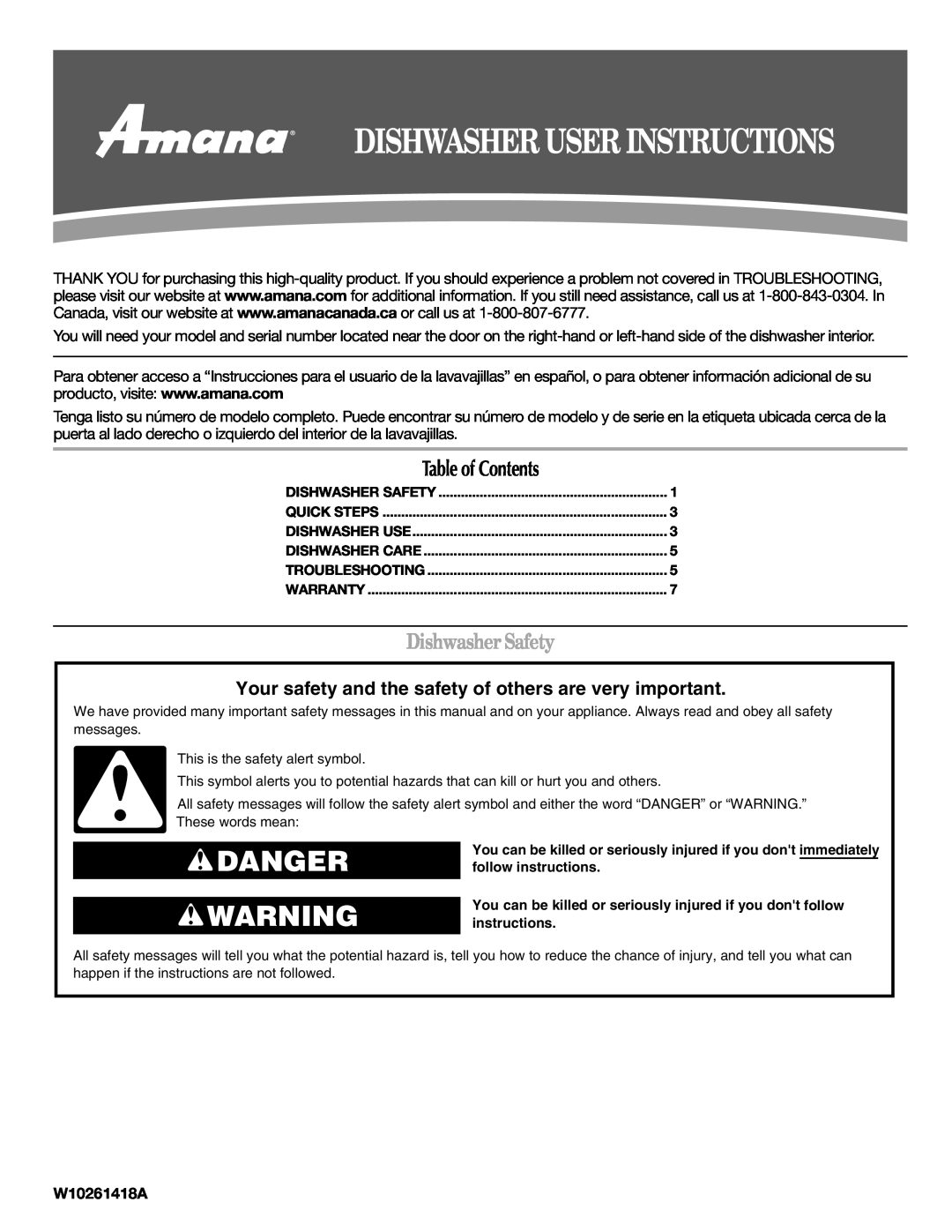 Amana W10261419A warranty Dishwasher User Instructions, Danger, Dishwasher Safety, W10261418A, Table of Contents 