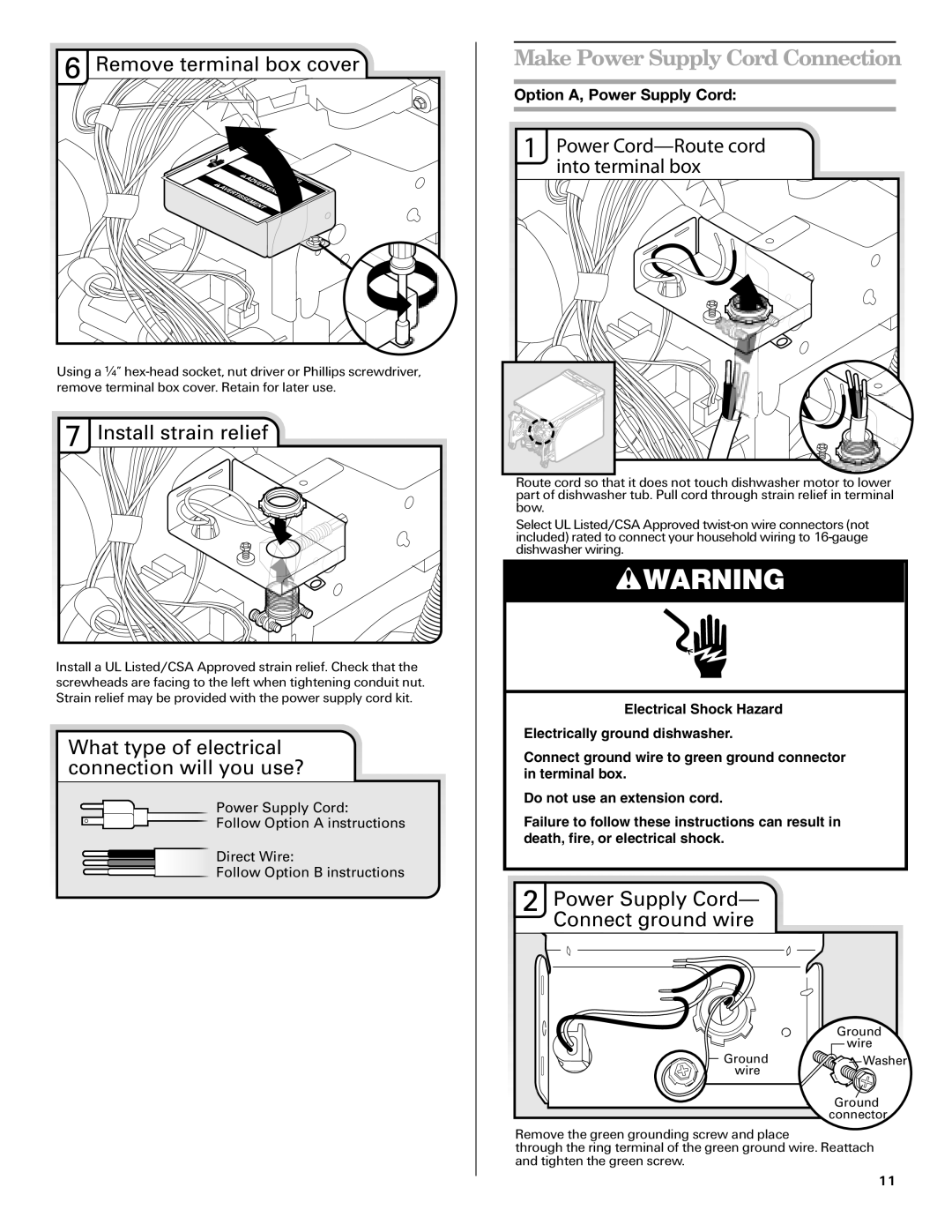 Amana W10261420A Make Power Supply Cord Connection, Remove terminal box cover, Install strain relief 