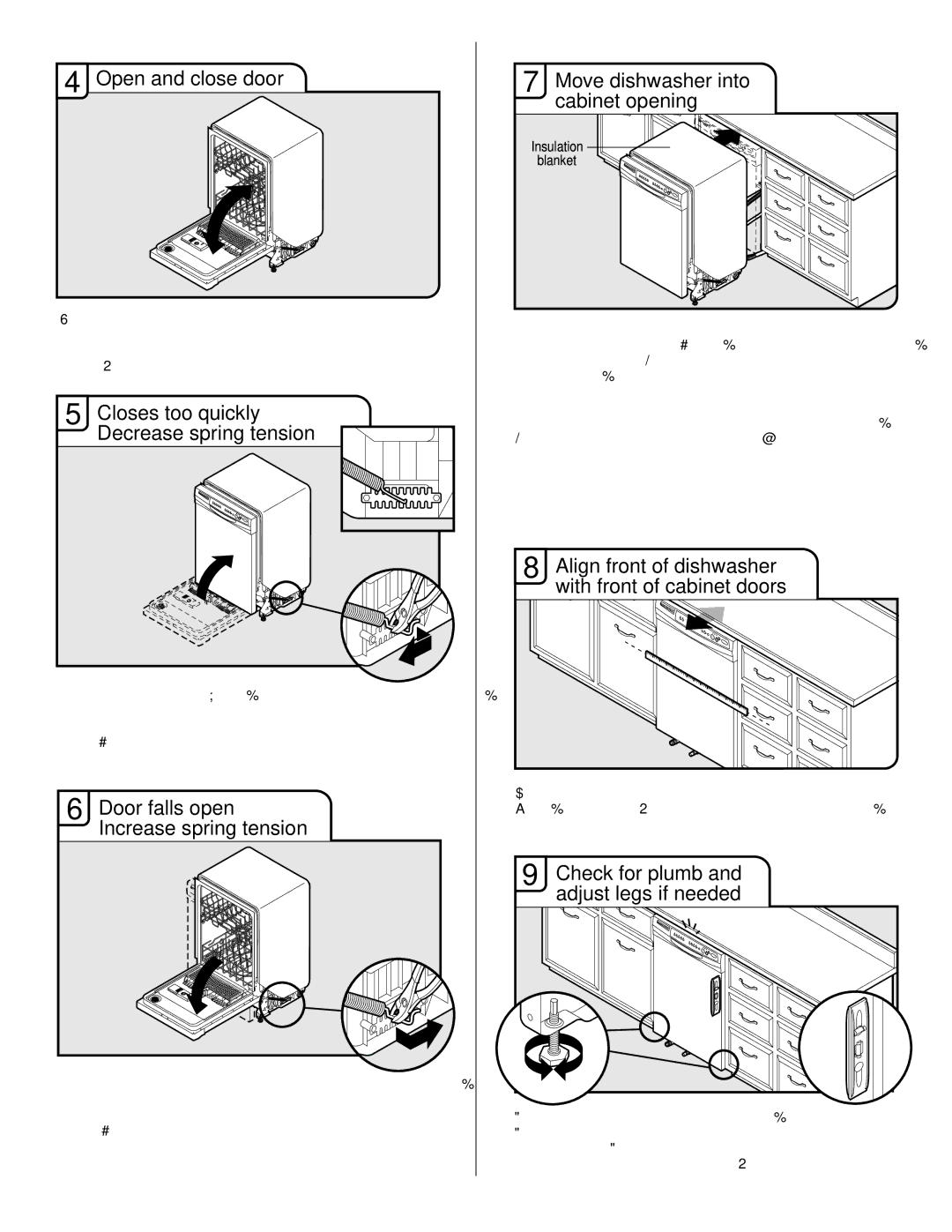 Amana W10261420A Open and close door, Closes too quickly- Decrease spring tension, Move dishwasher into cabinet opening 