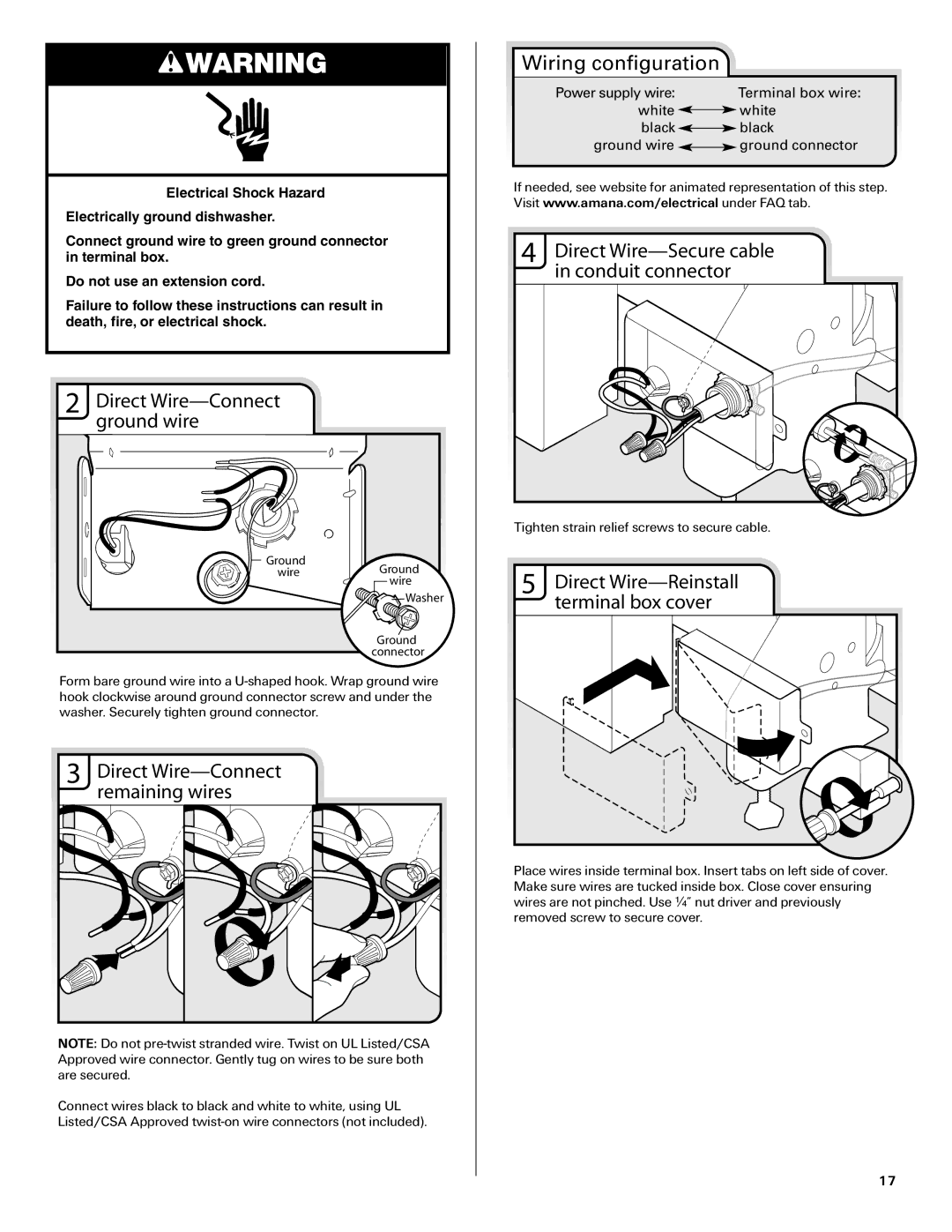 Amana W10261420A installation instructions Direct Wire-Connect ground wire, Direct Wire-Connect remaining wires 