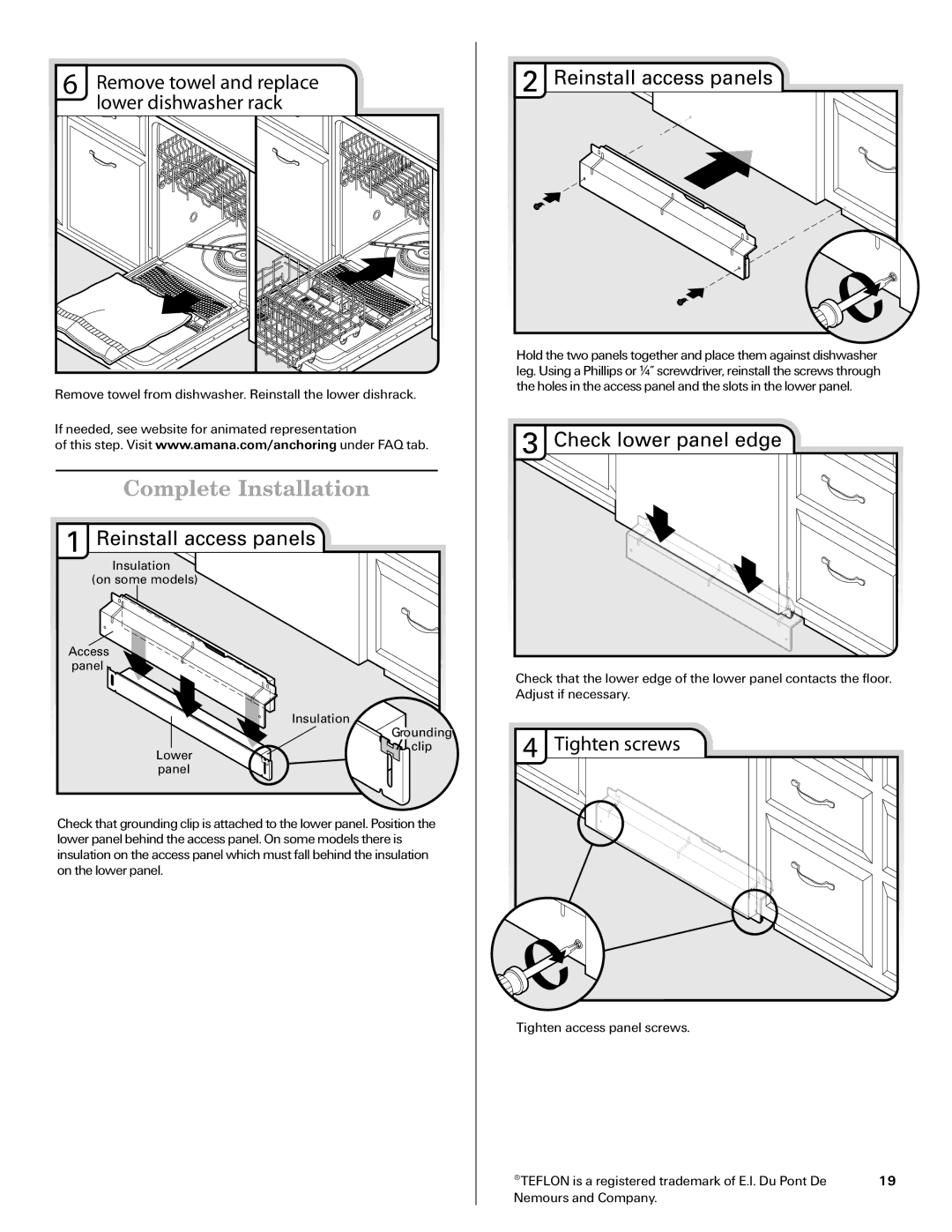 Amana W10261420A Complete Installation, Remove towel and replace lower dishwasher rack, Reinstall access panels 