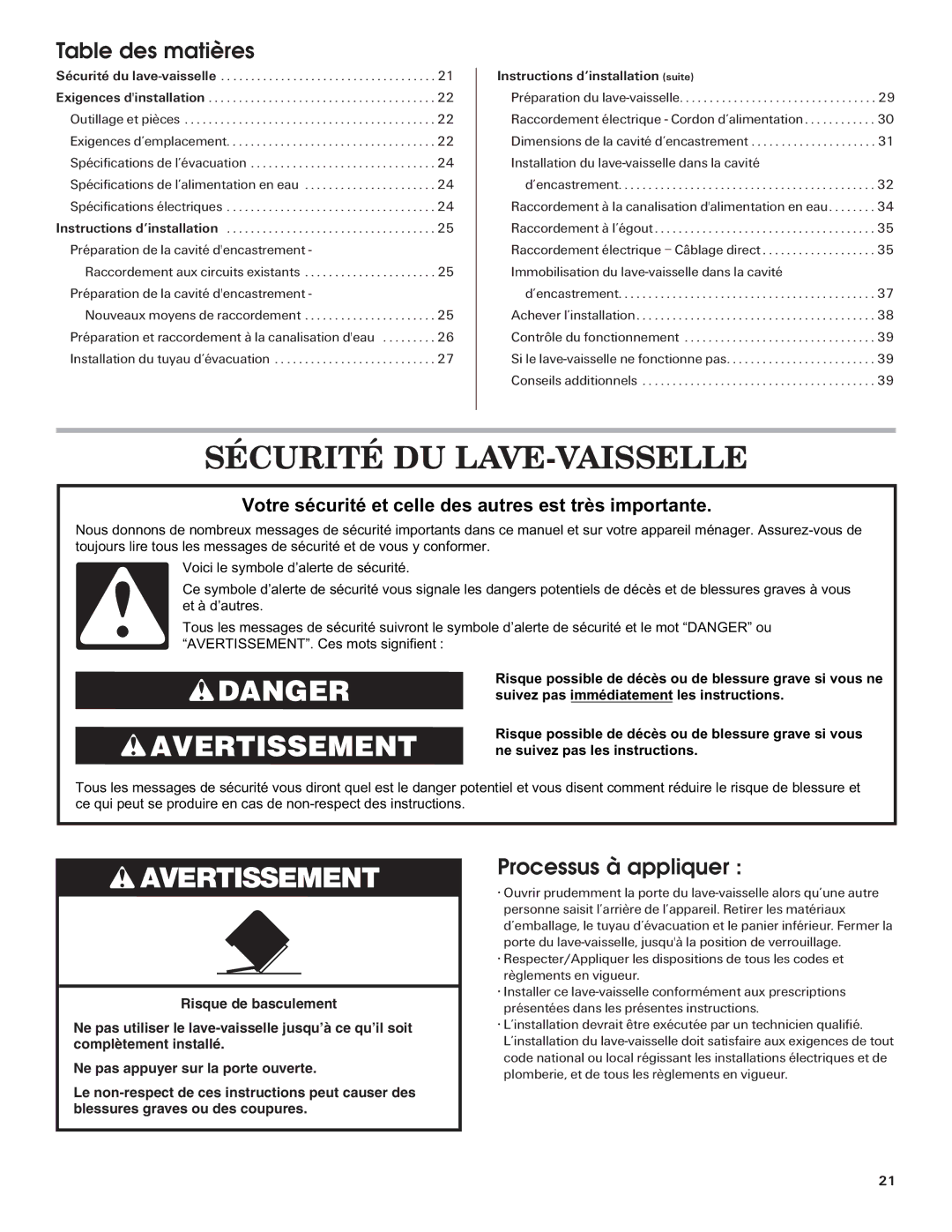 Amana W10261420A installation instructions Préparation de la cavité dencastrement, Instructions d’installation suite 