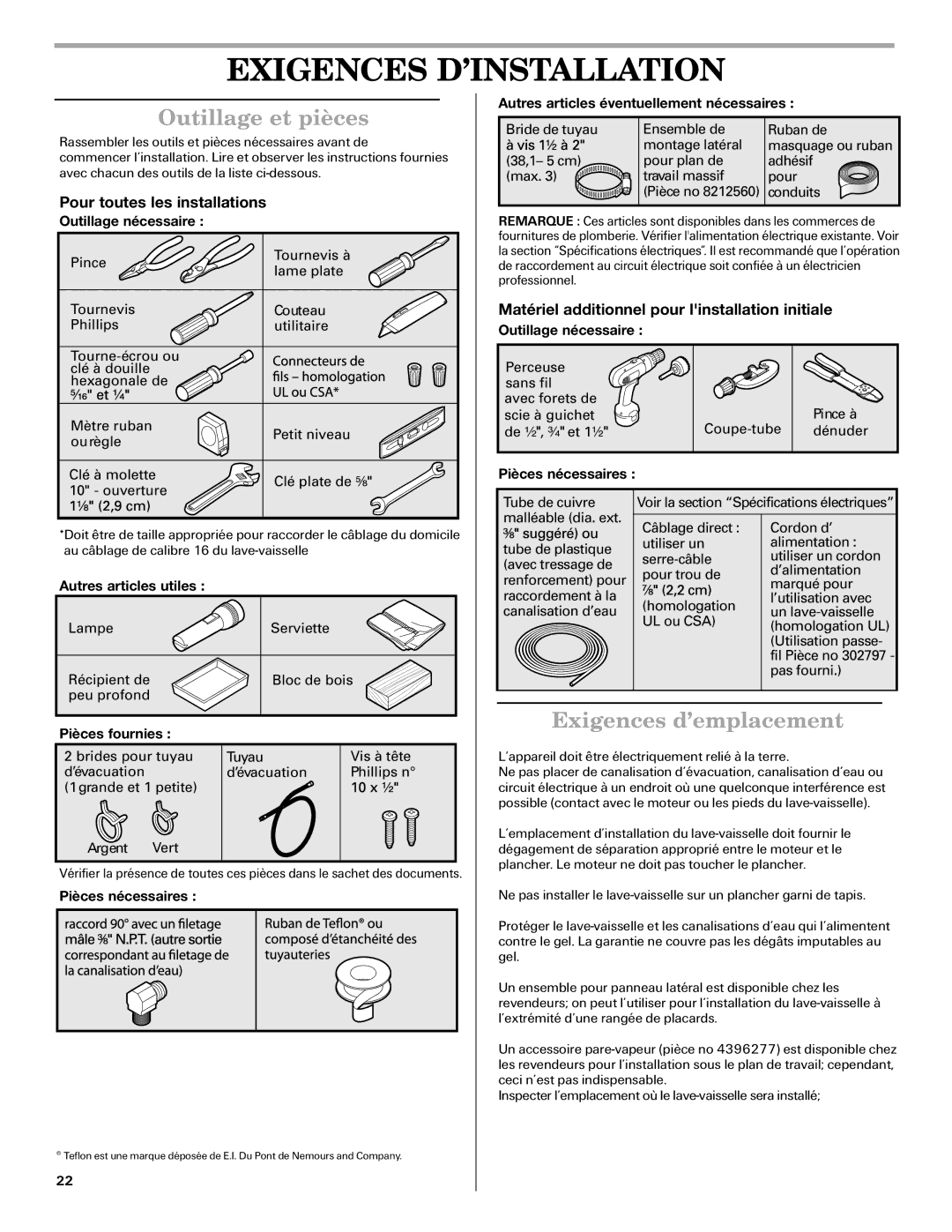 Amana W10261420A installation instructions Outillage et pièces, Exigences d’emplacement 