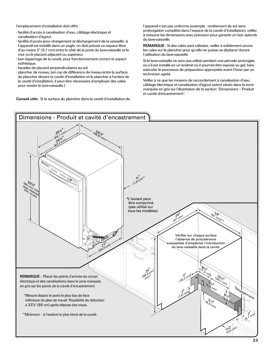 Amana W10261420A Dimensions Produit et cavité d’encastrement, En gris sur les parois de la cavité d’encastrement 