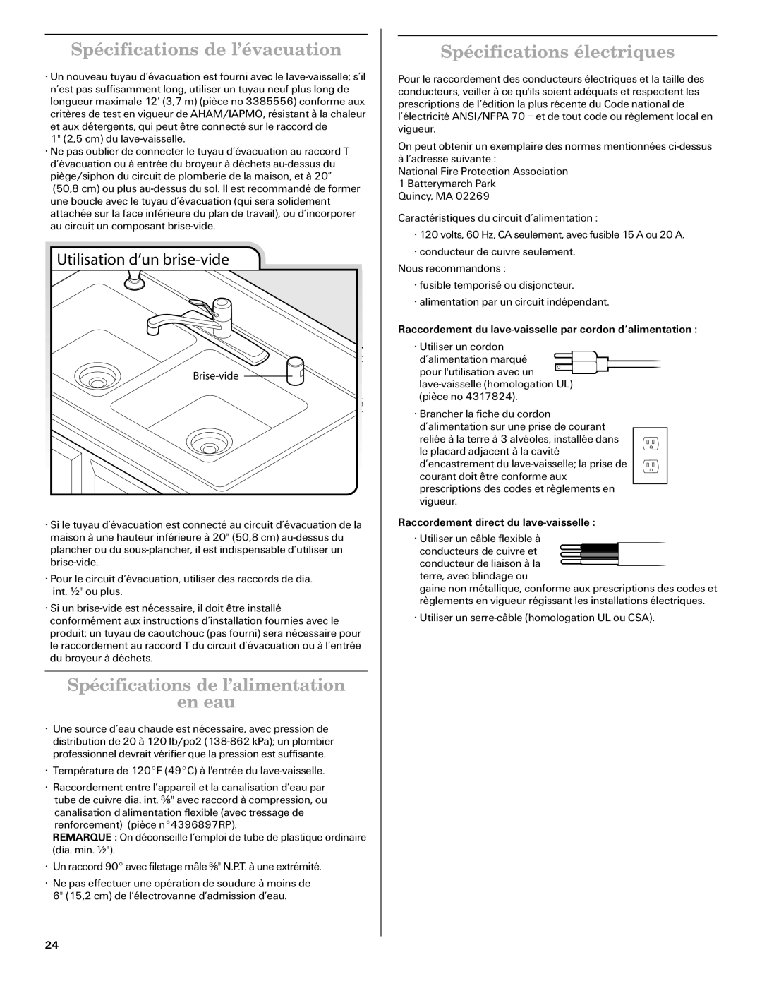 Amana W10261420A Spécifications de l’évacuation, Spécifications de l’alimentation En eau, Spécifications électriques 