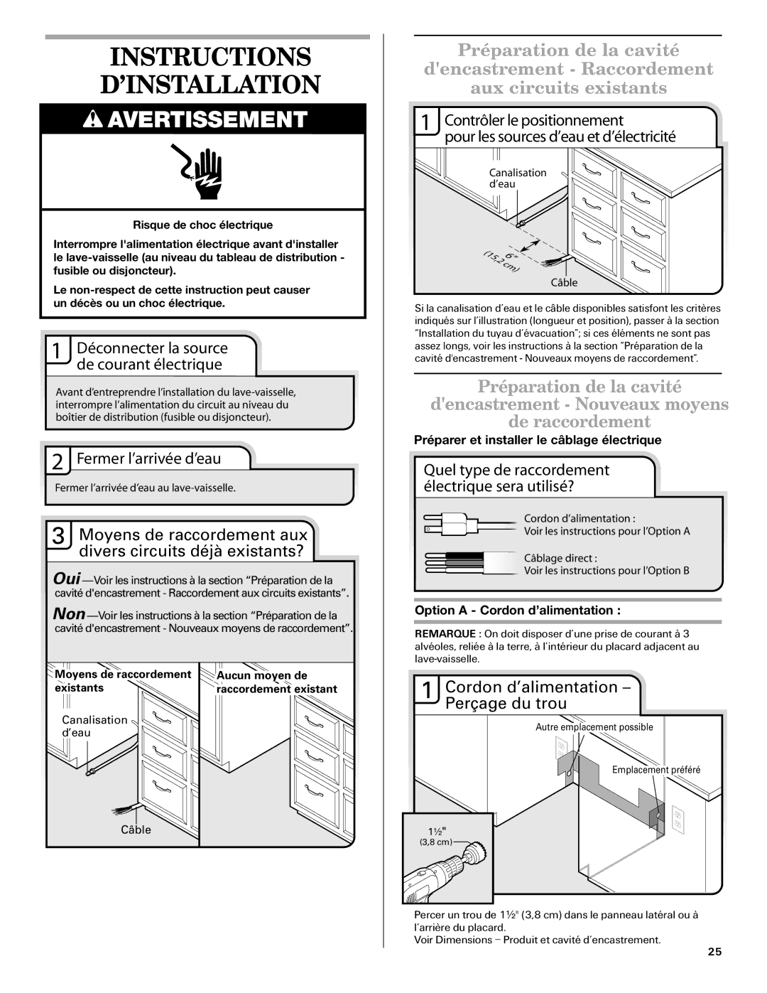 Amana W10261420A installation instructions Déconnecter la source de courant électrique, Fermer l’arrivée d’eau 