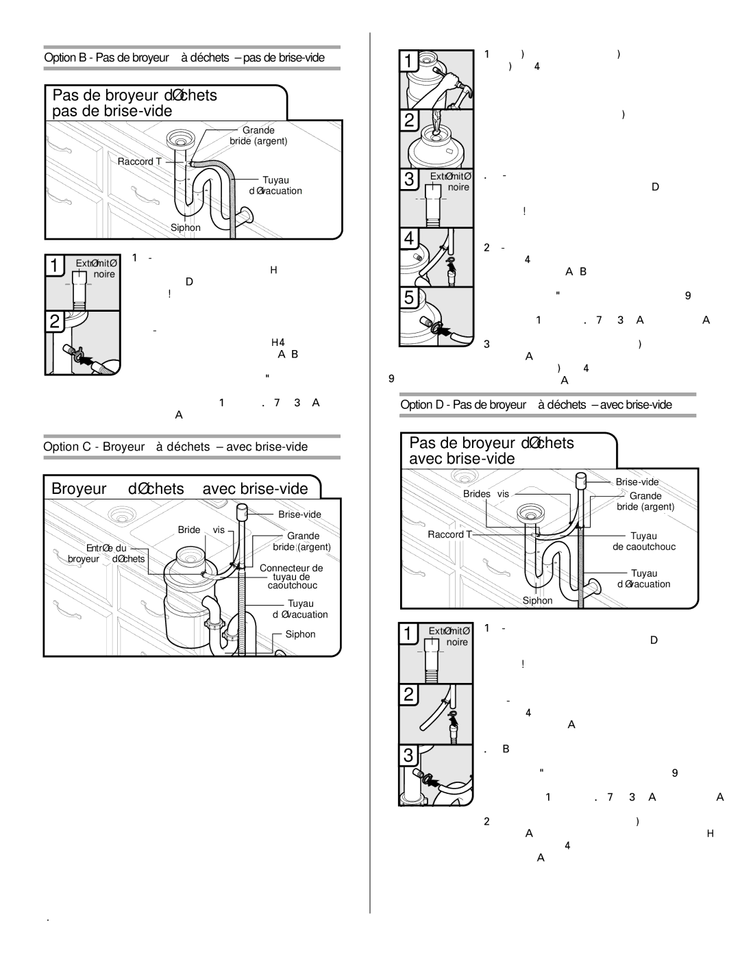 Amana W10261420A installation instructions Pas de broyeur à déchets pas de brise-vide, Broyeur à déchets avec brise-vide 