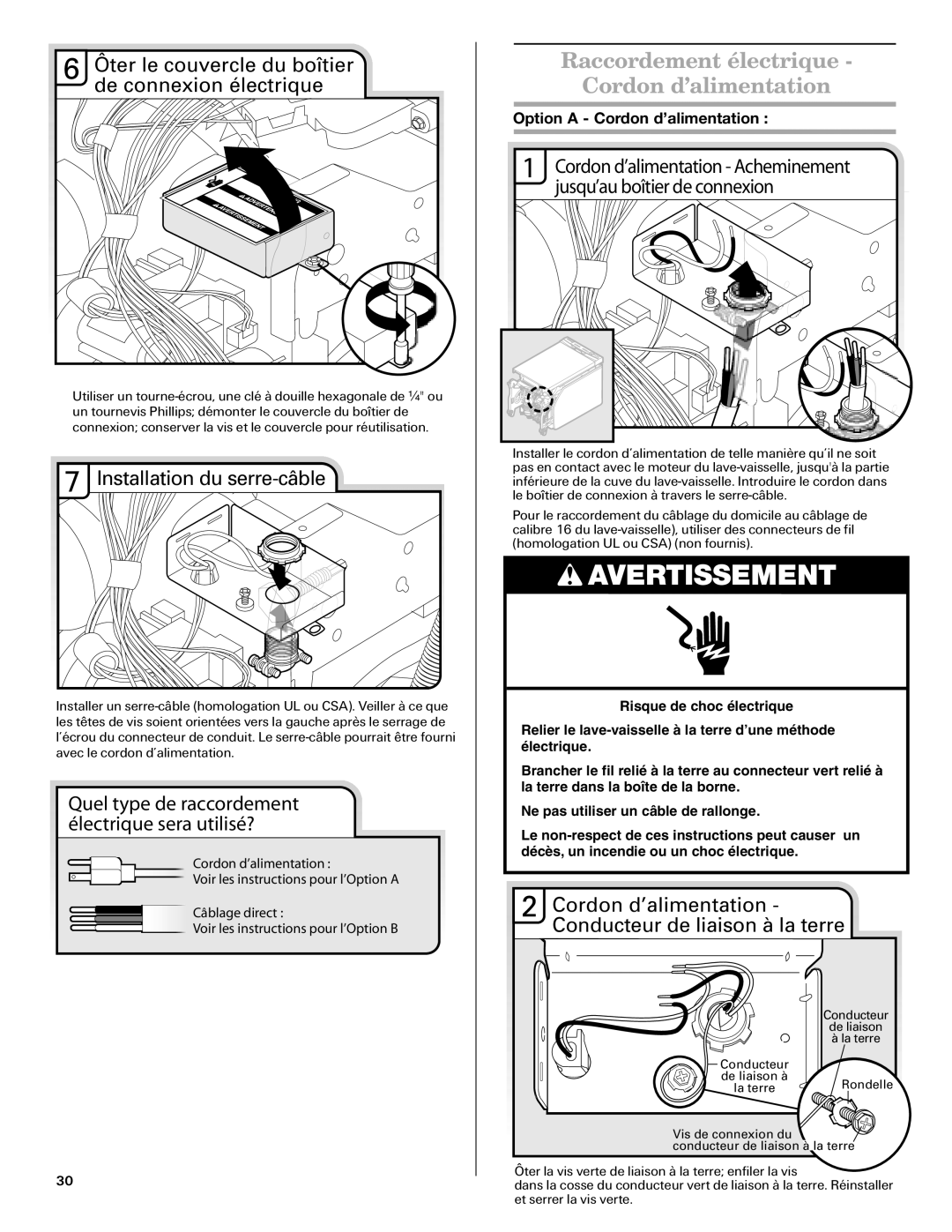 Amana W10261420A Raccordement électrique Cordon d’alimentation, Ôter le couvercle du boîtier De connexion électrique 