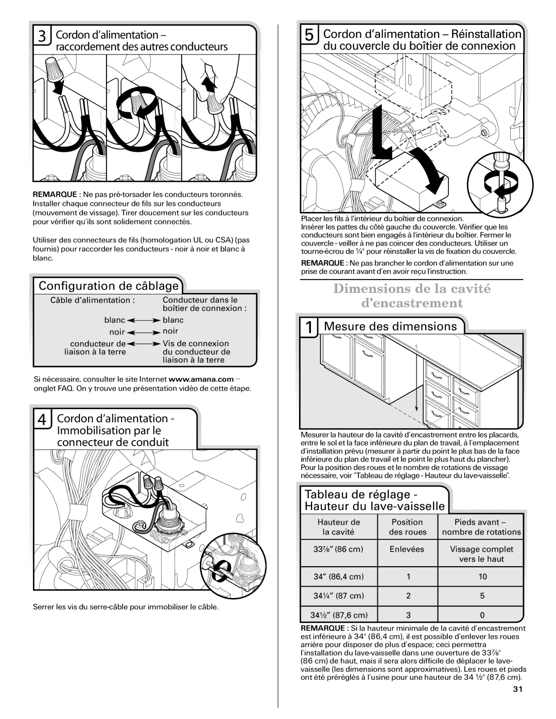 Amana W10261420A Dimensions de la cavité ’encastrement, Configuration de câblage, Mesure des dimensions 