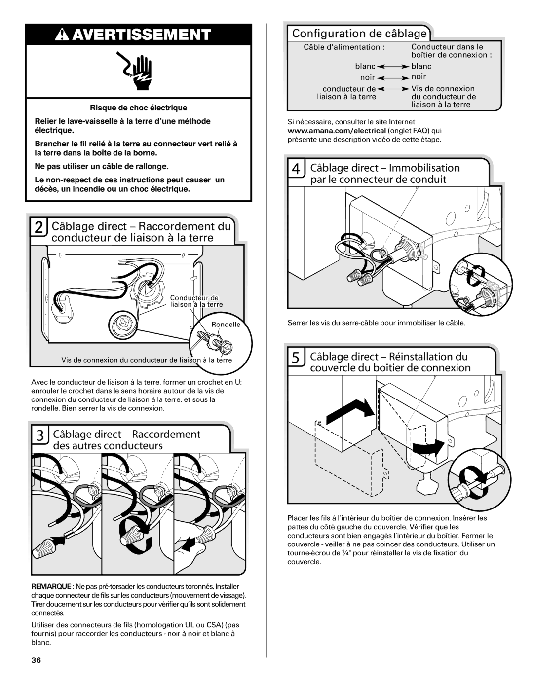 Amana W10261420A installation instructions Câblage direct Raccordement des autres conducteurs 