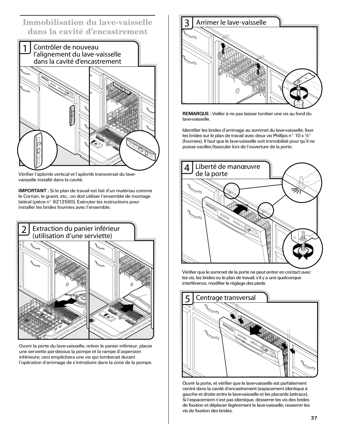 Amana W10261420A Extraction du panier inférieur, Utilisation d’une serviette, Arrimer le lave-vaisselle 