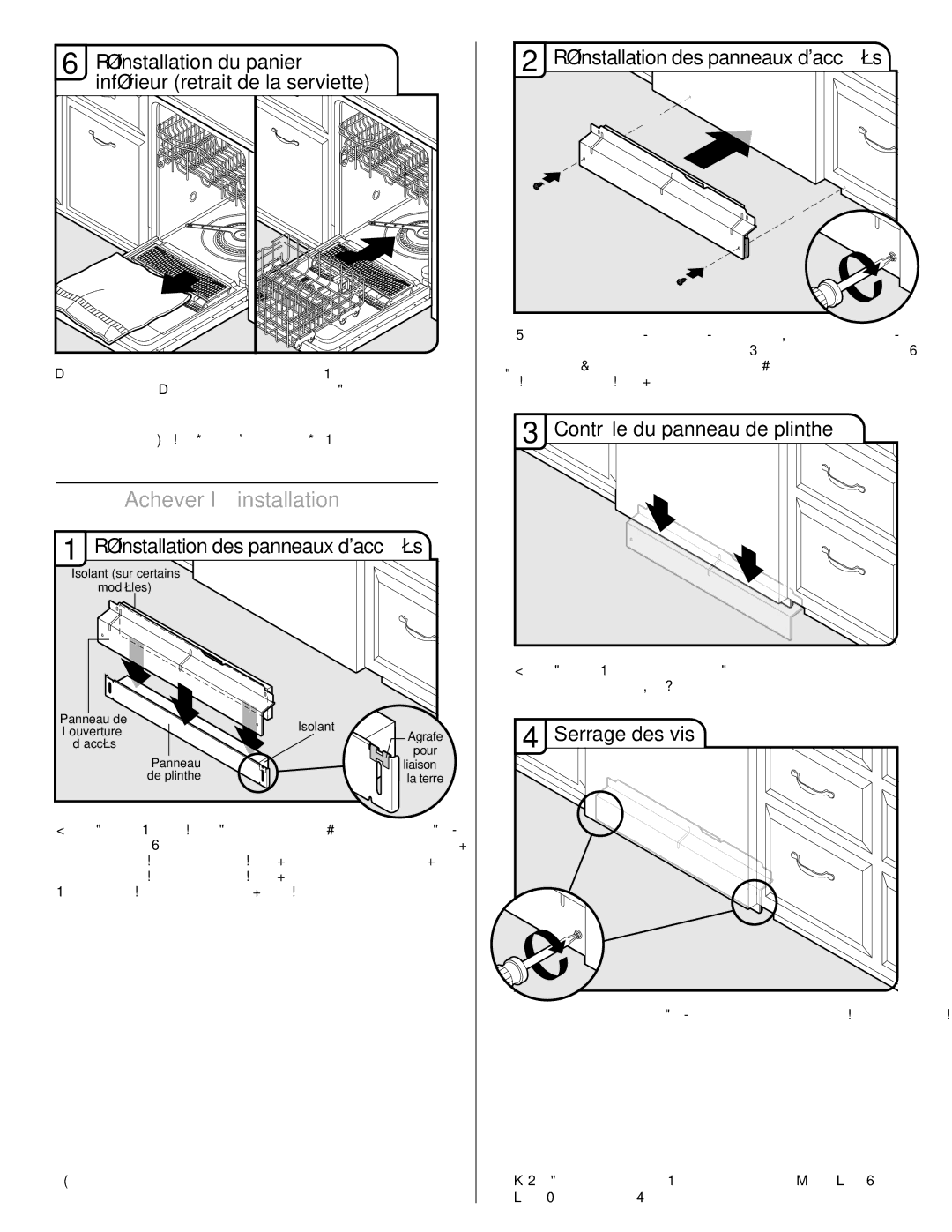 Amana W10261420A Achever l’installation, Réinstallation du panier inférieur retrait de la serviette, Serrage des vis 