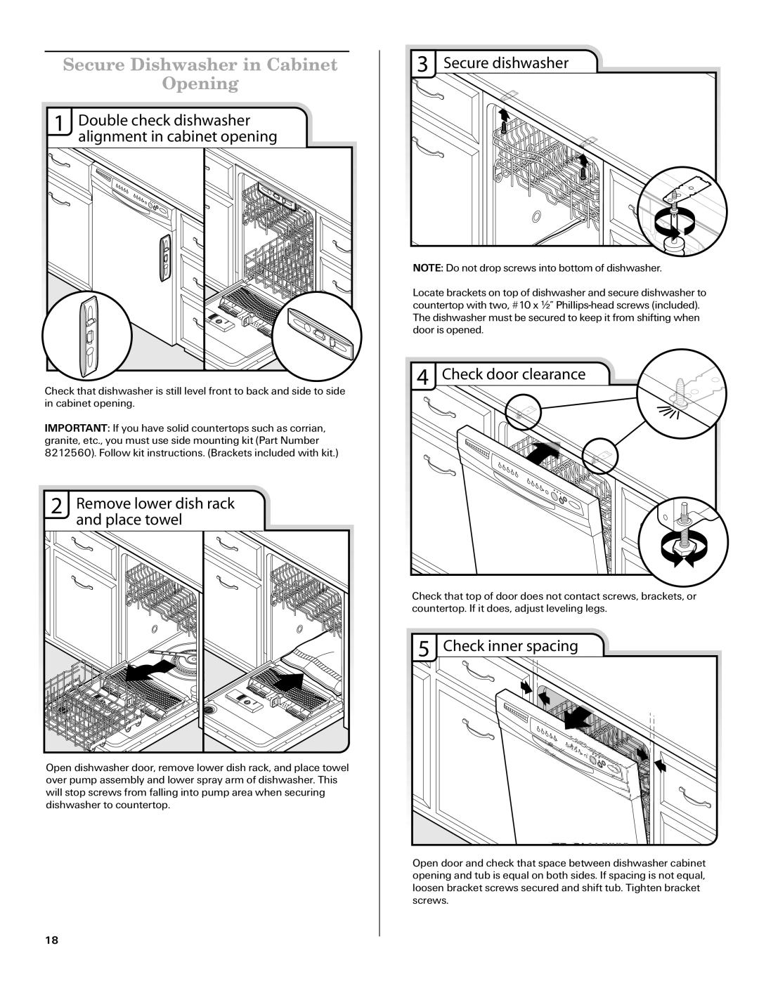 Amana W10261420A Secure Dishwasher in Cabinet Opening, Double check dishwasher alignment in cabinet opening 