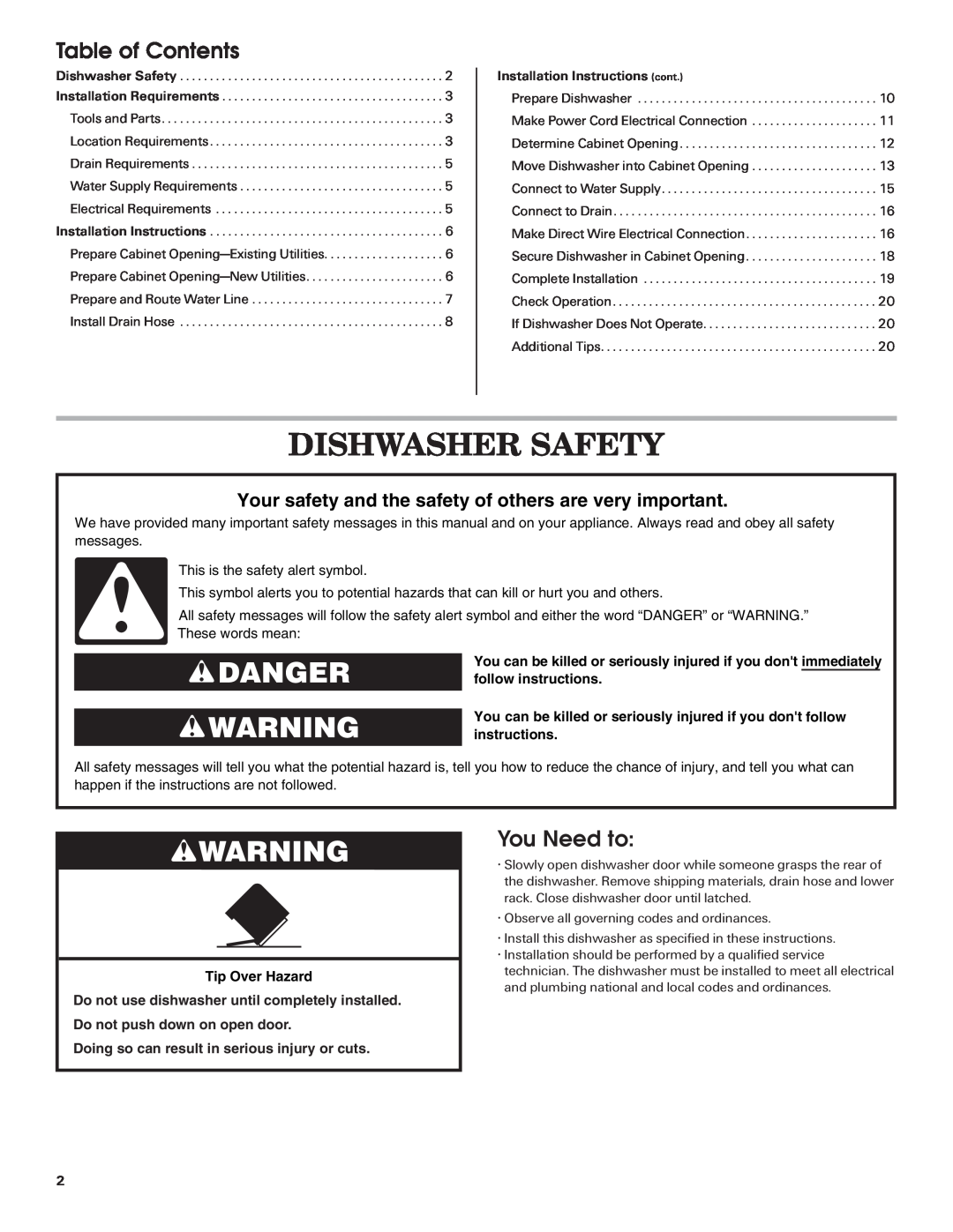 Amana W10261420A installation instructions Dishwasher Safety, Danger, Table of Contents, You Need to, Tip Over Hazard 