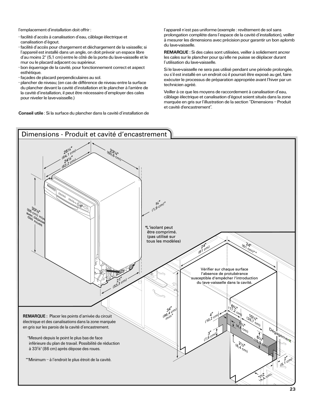 Amana W10261420A installation instructions Dimensions - Produit et cavité d’encastrement, 60,6, pose, roues, 26,7 