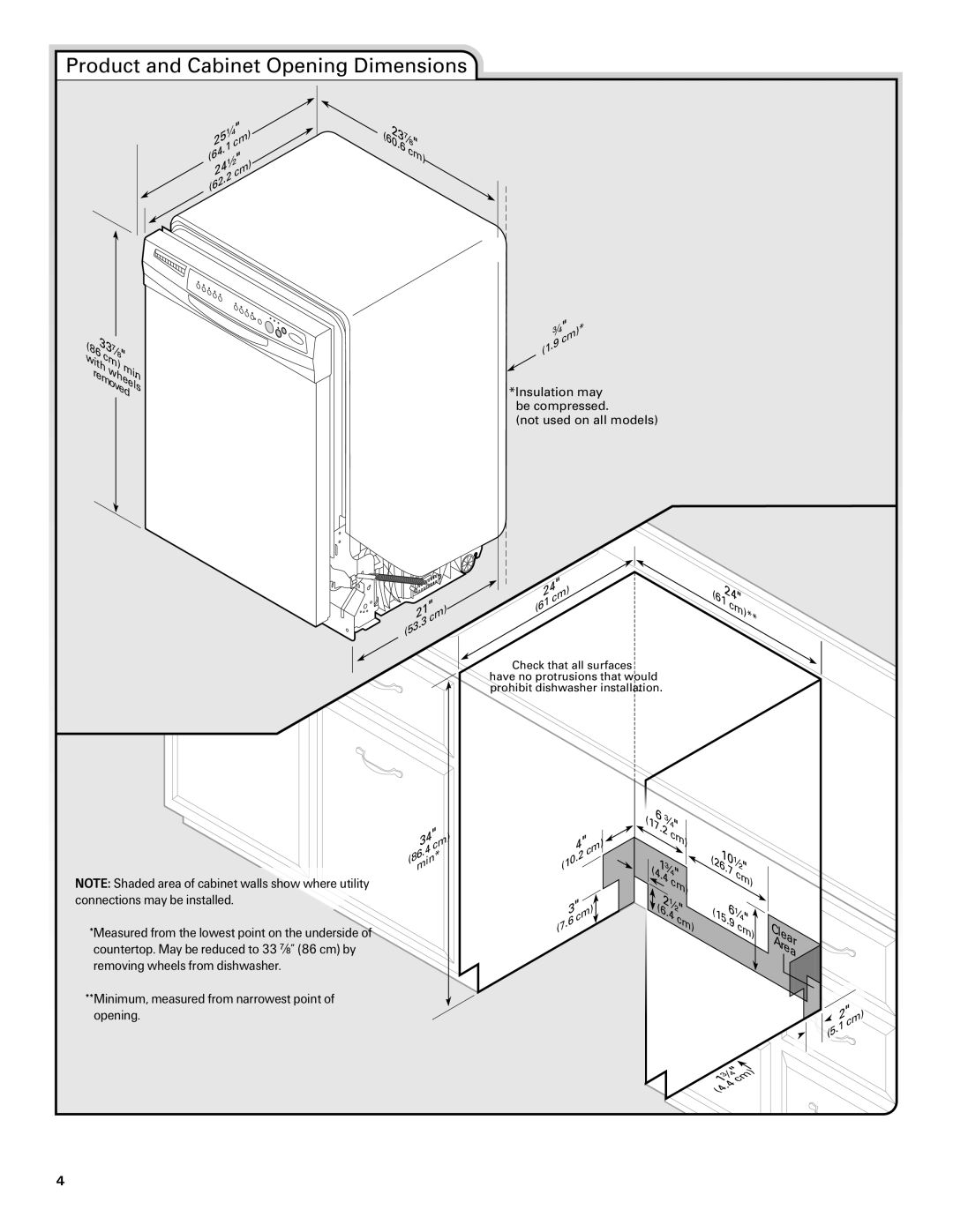 Amana W10261420A Product and Cabinet Opening Dimensions, with, Check that all surfaces have no protrusions that would 