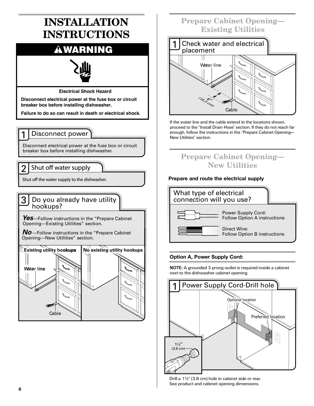 Amana W10261420A Installation Instructions, Prepare Cabinet Opening Existing Utilities, Disconnect power, W ater line 