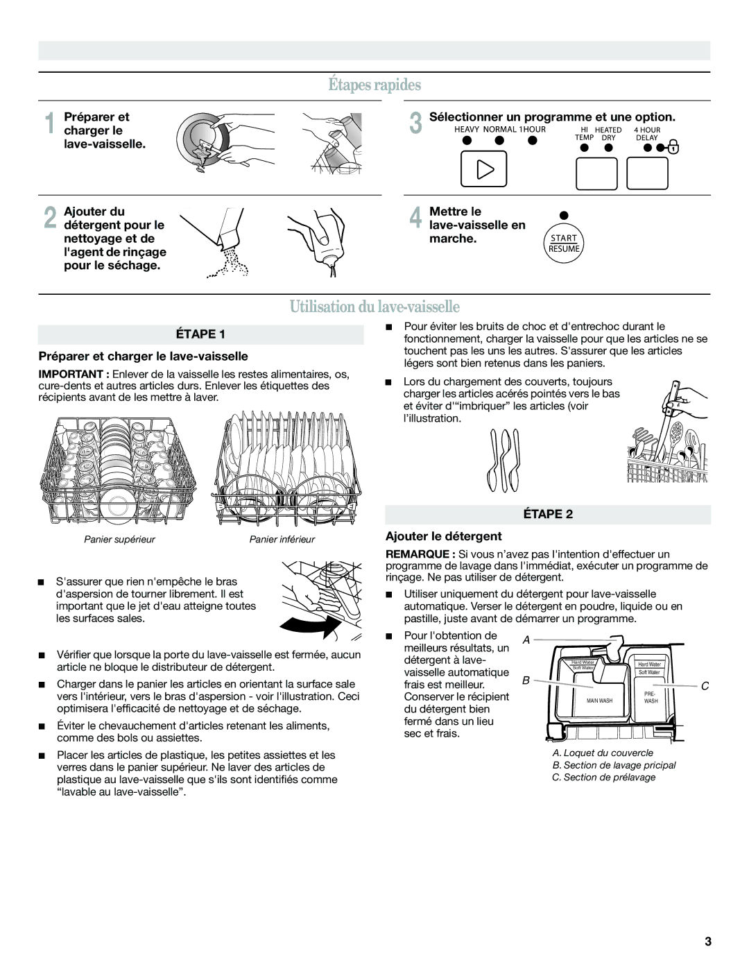 Amana W10310515A warranty Étapes rapides, Utilisation du lave-vaisselle 