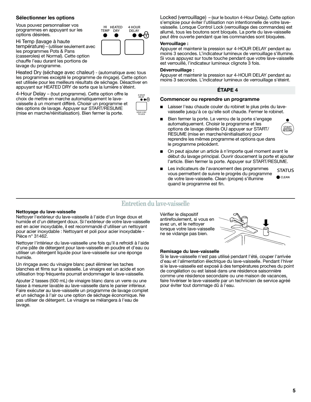 Amana W10310515A warranty Entretien du lave-vaisselle, Sélectionner les options, Commencer ou reprendre un programme 