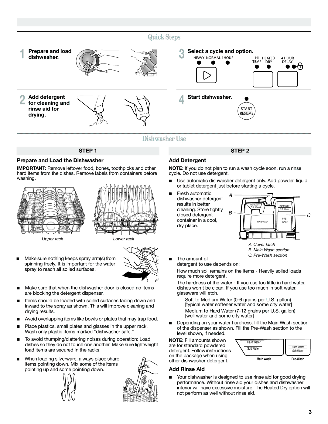 Amana W10310515A warranty Quick Steps, Dishwasher Use, Prepare and load, Prepare and Load the Dishwasher, Add Rinse Aid 