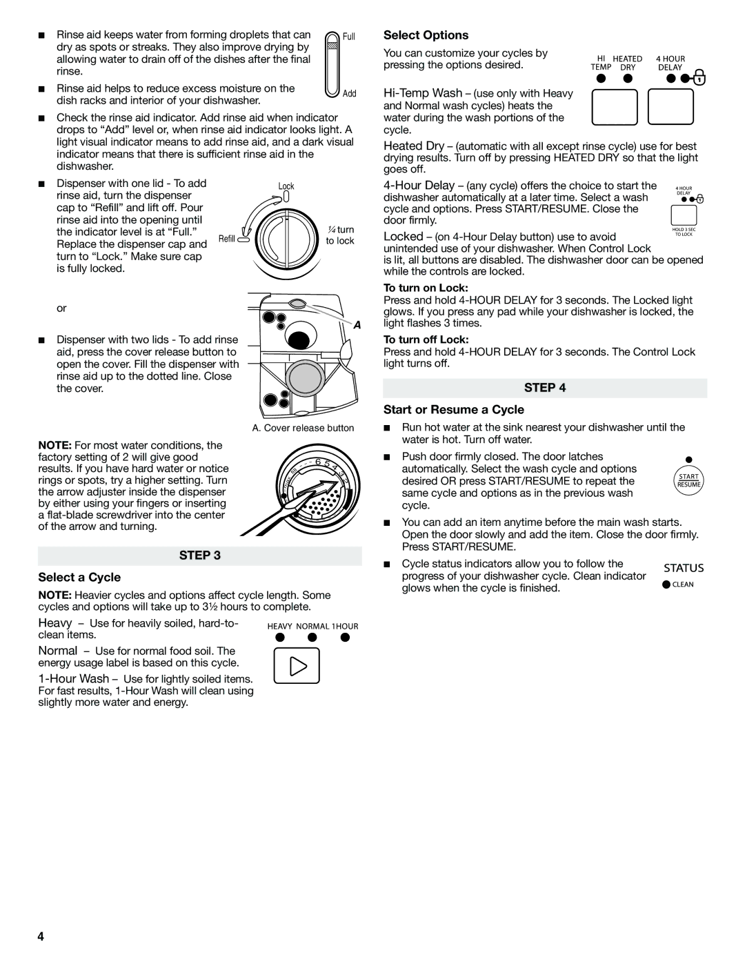 Amana W10310515A warranty Select Options, Select a Cycle, Start or Resume a Cycle, To turn on Lock, To turn off Lock 