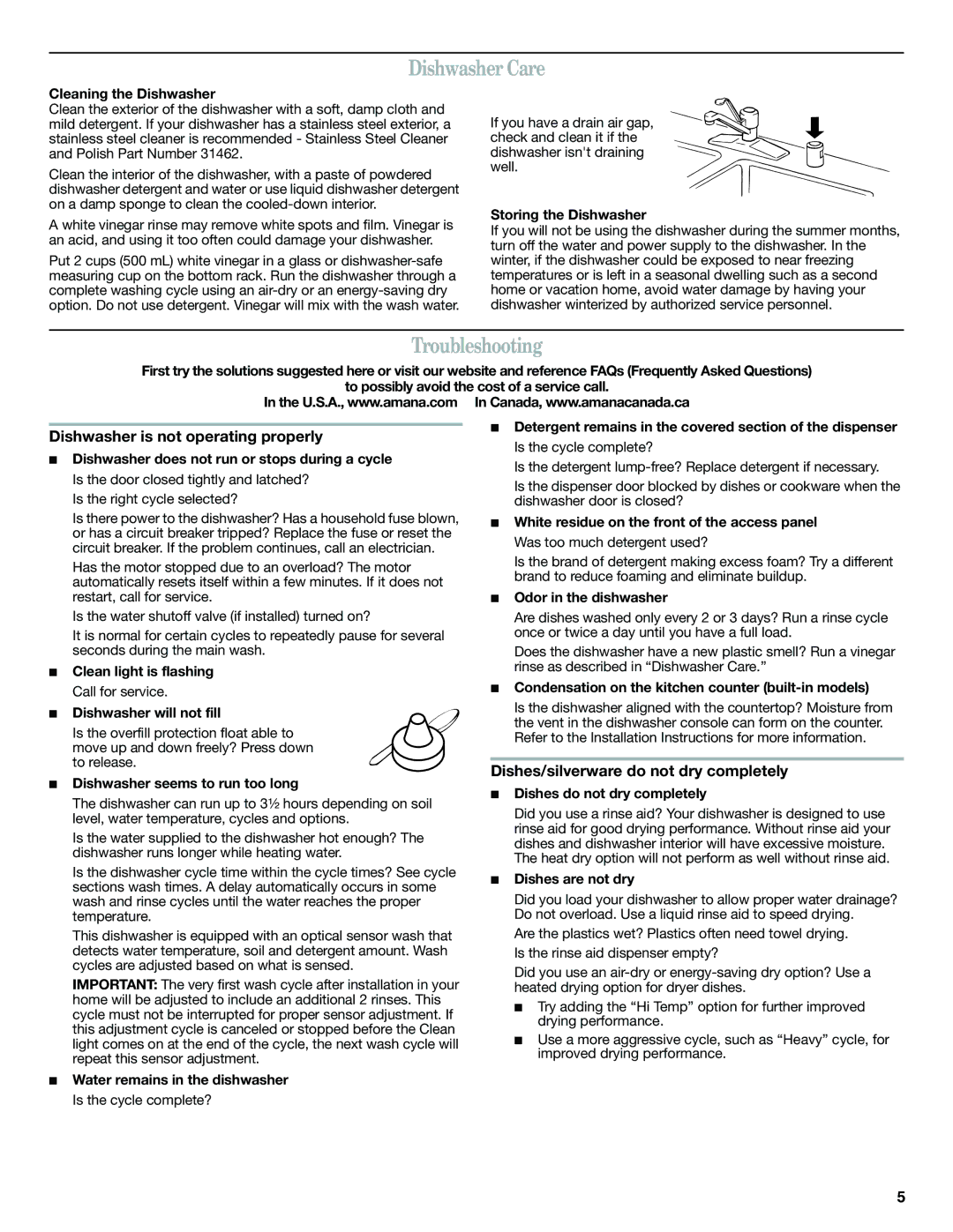 Amana W10310515A warranty Dishwasher Care, Troubleshooting, Dishwasher is not operating properly 