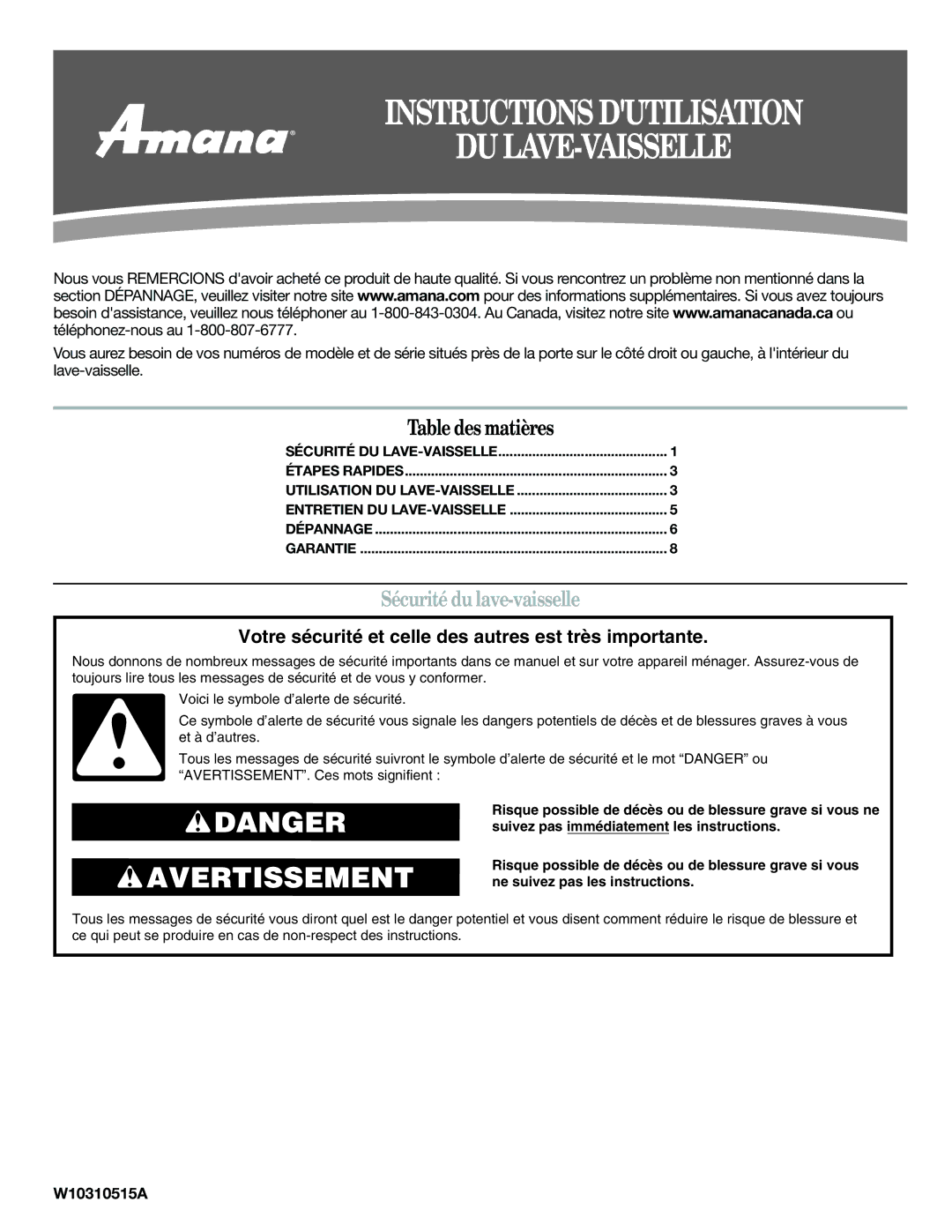 Amana W10310515A warranty Instructions Dutilisation DU LAVE-VAISSELLE, Sécurité du lave-vaisselle 