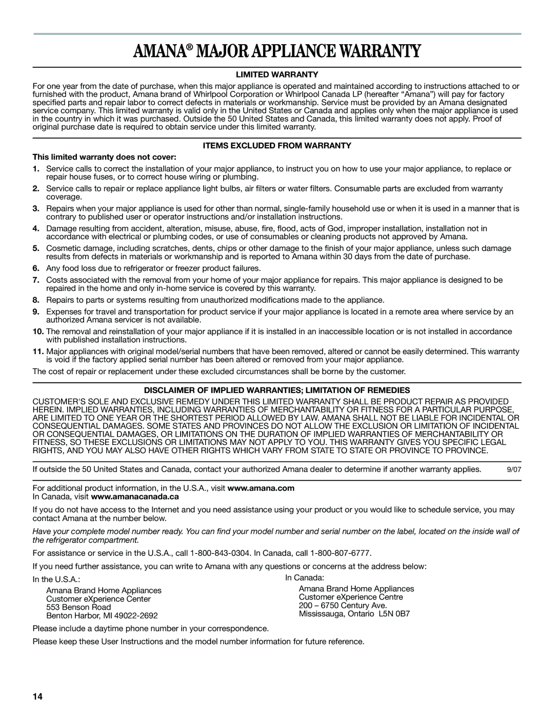 Amana W10316638A installation instructions Amana Major Appliance Warranty, Limited Warranty, Items Excluded from Warranty 