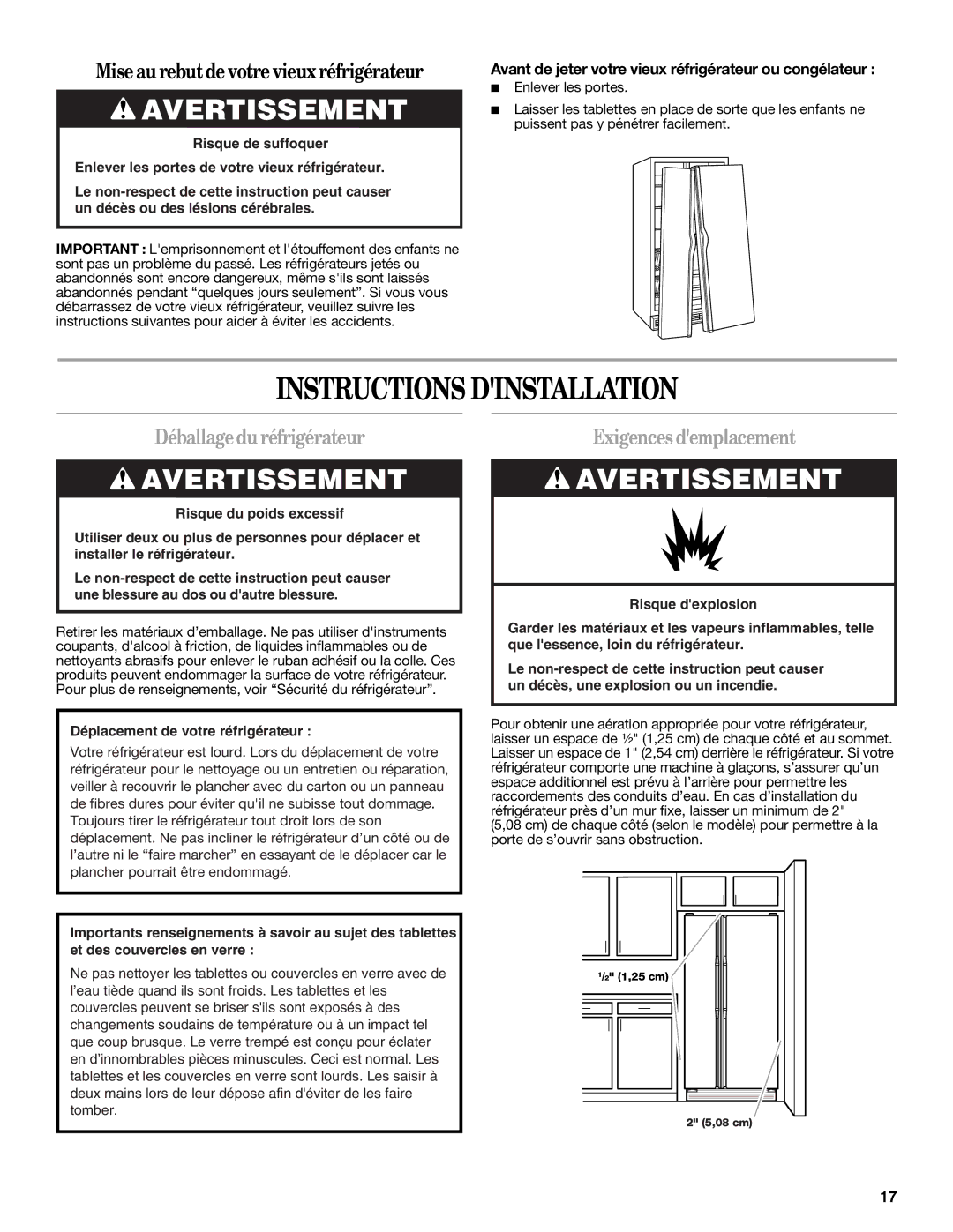 Amana W10316638A installation instructions Instructions Dinstallation, Déballagedu réfrigérateur, Exigences demplacement 