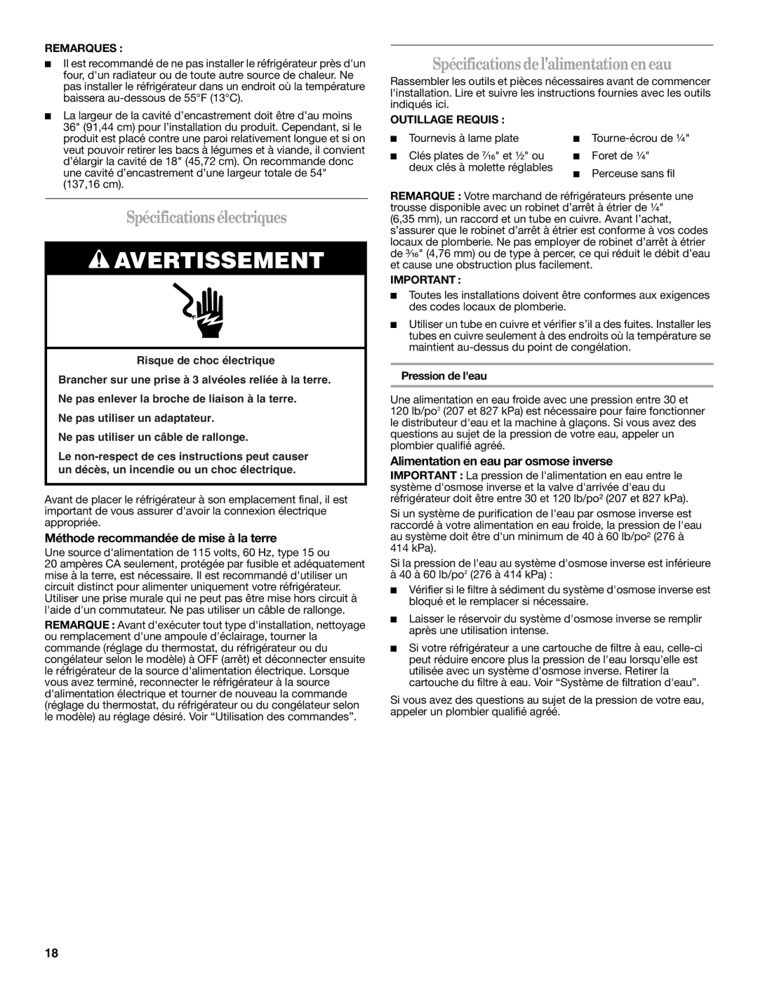 Amana W10316638A Spécificationsélectriques, Spécifications del’alimentationen eau, Méthode recommandée de mise à la terre 