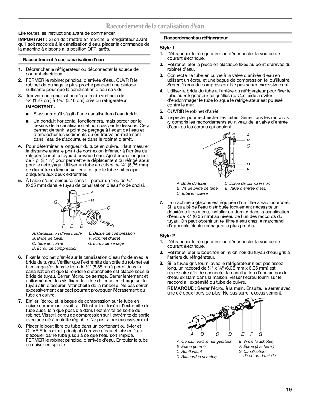 Amana W10316638A installation instructions Raccordement de la canalisation deau, Raccordement à une canalisation d’eau 