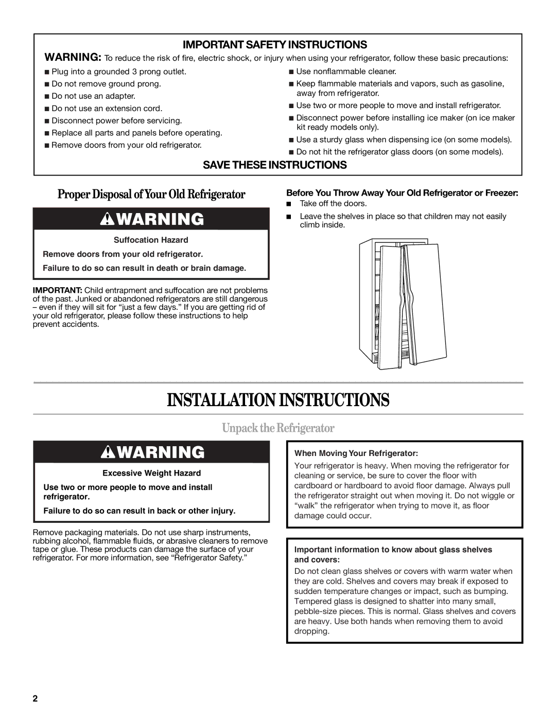 Amana W10316638A installation instructions Installation Instructions, Unpack the Refrigerator 