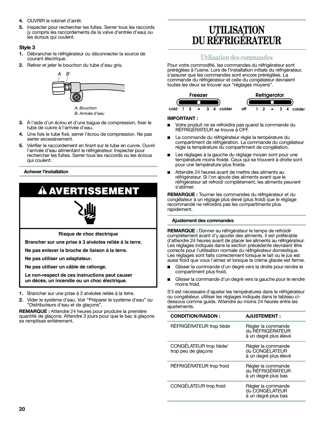 Amana W10316638A Utilisation DU Réfrigérateur, Utilisation des commandes, Achever l’installation, Ajustement des commandes 