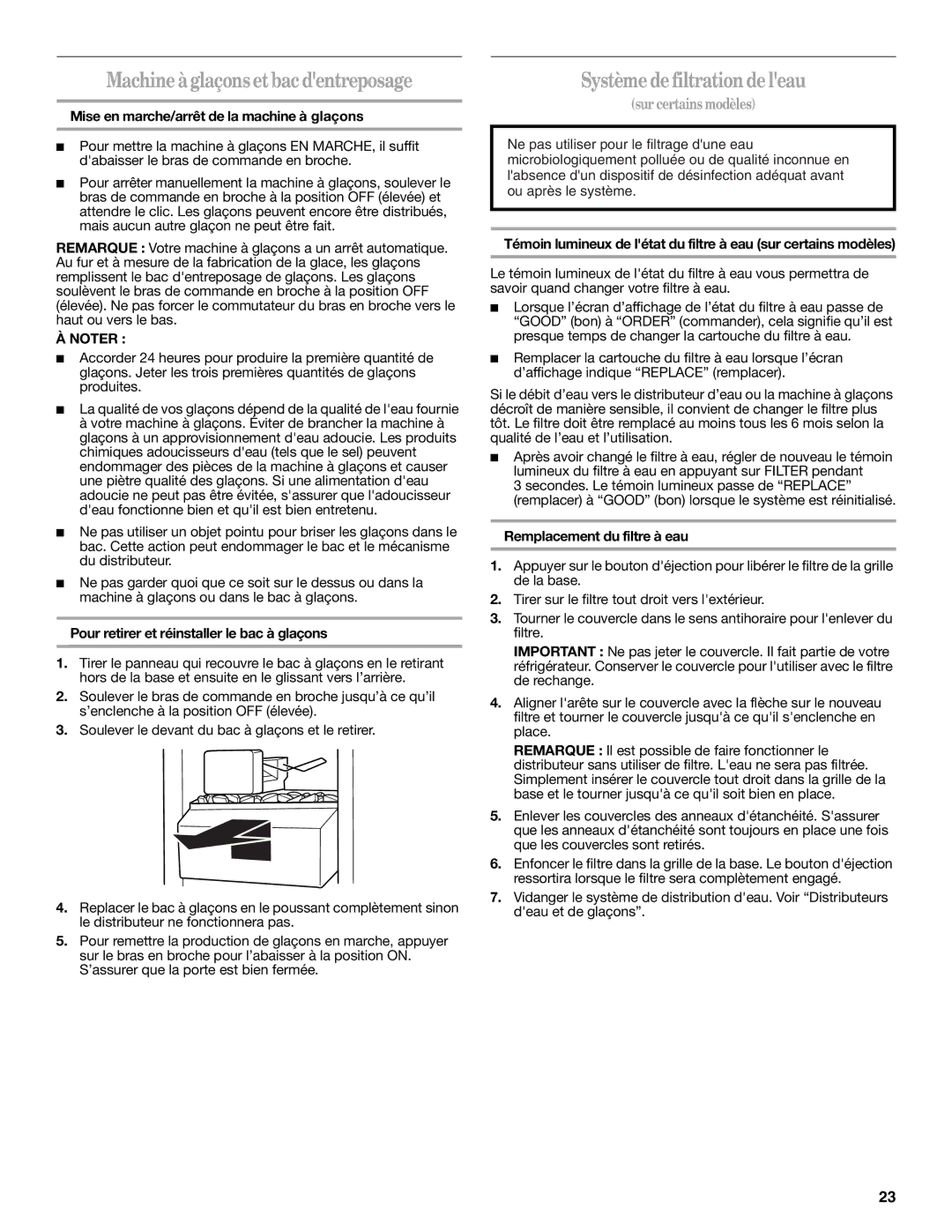 Amana W10316638A Machine à glaçons et bac dentreposage, Système defiltrationde leau, Remplacement du filtre à eau 