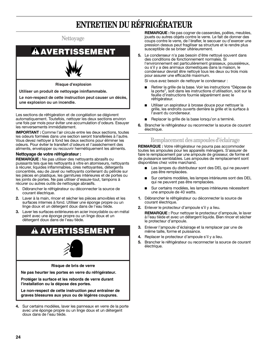 Amana W10316638A installation instructions Entretien DU Réfrigérateur, Nettoyage, Remplacement des ampoules d’éclairage 