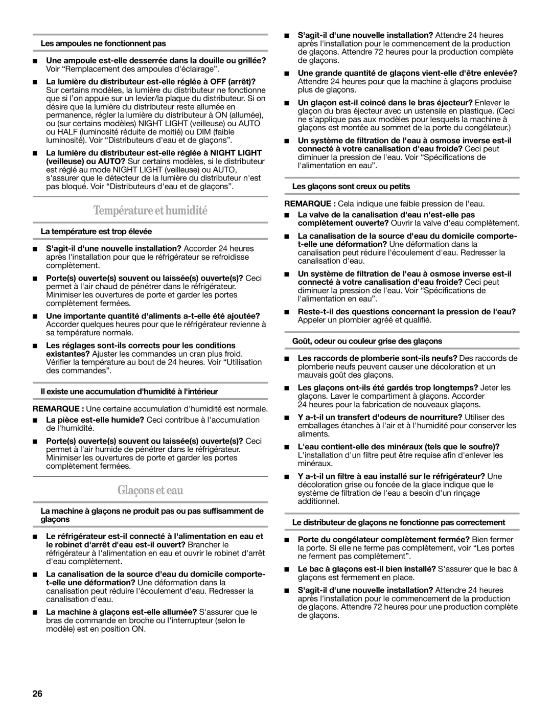 Amana W10316638A installation instructions Température et humidité, Glaçons et eau 