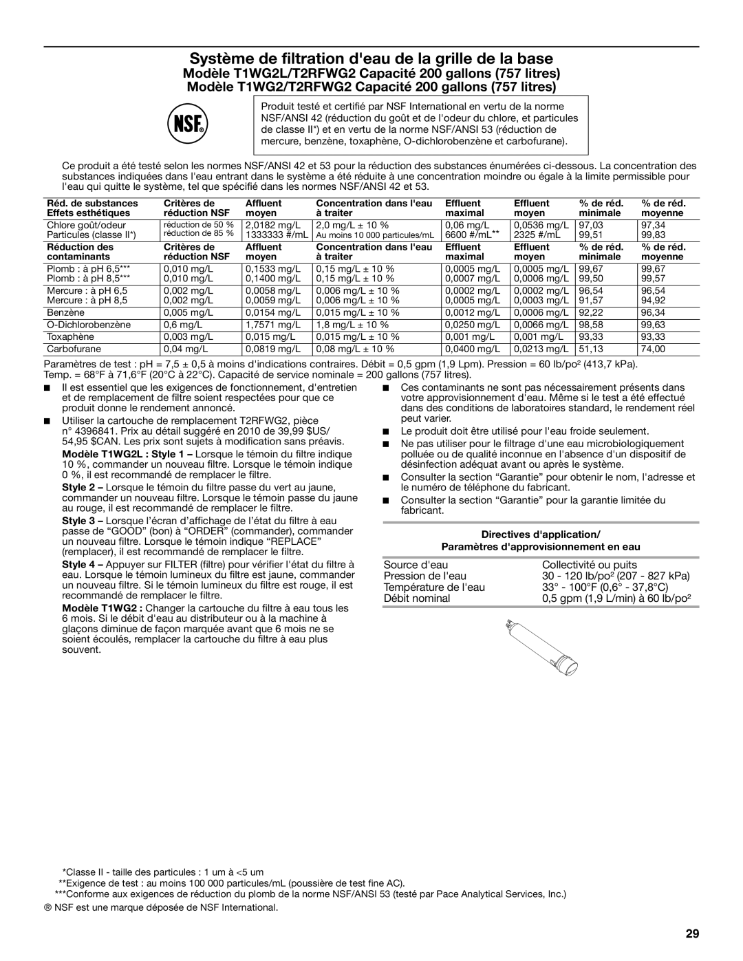 Amana W10316638A installation instructions Système de filtration deau de la grille de la base 